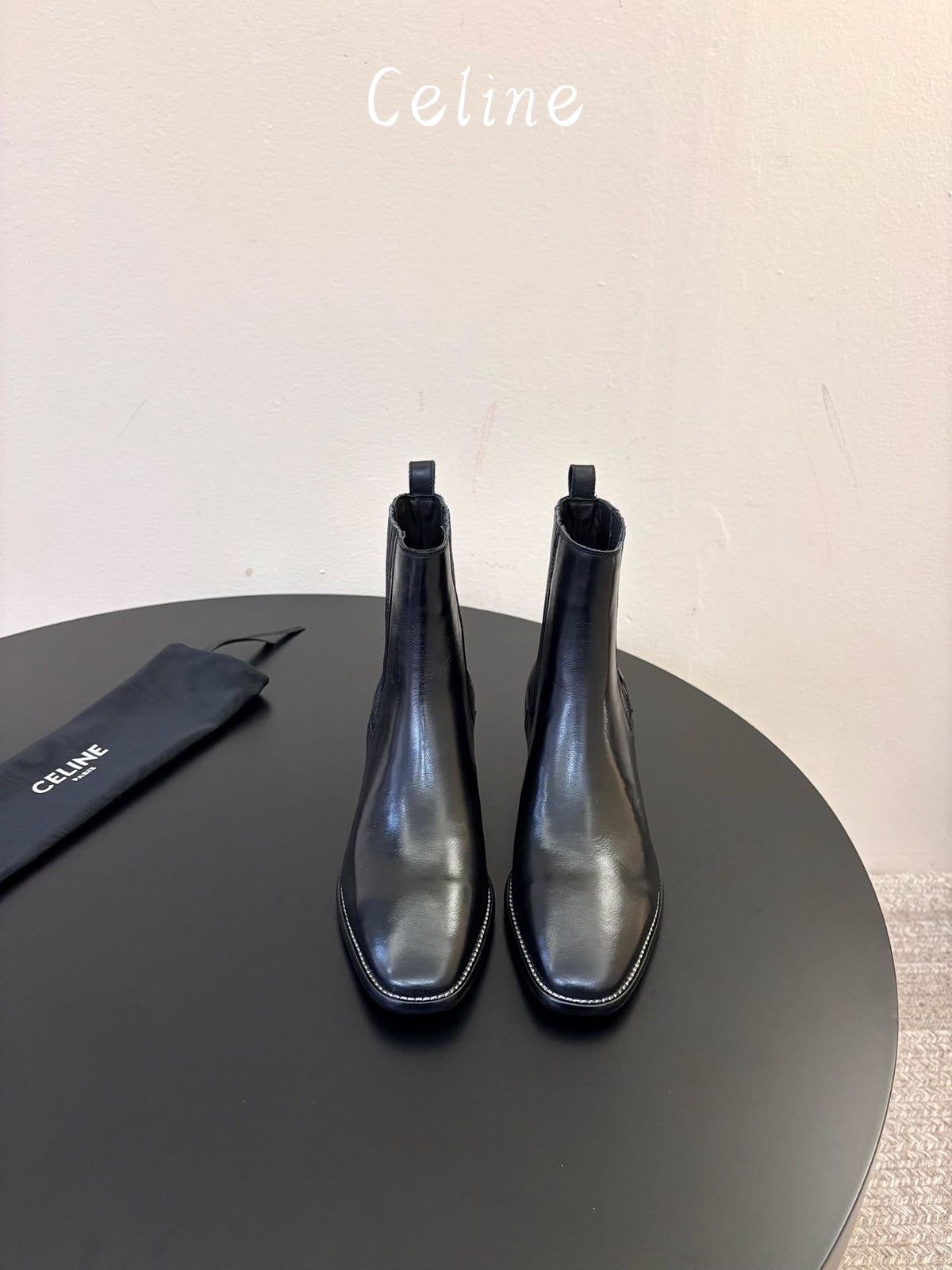 Celine 26s Triomphe Chelsea Boots Black Glossy Sheepskin 104884