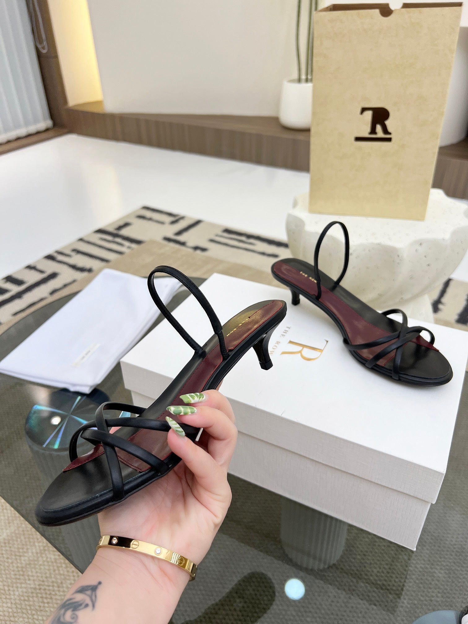 The Row 26s Strappy Sandals Black Burgundy Lambskin 997830