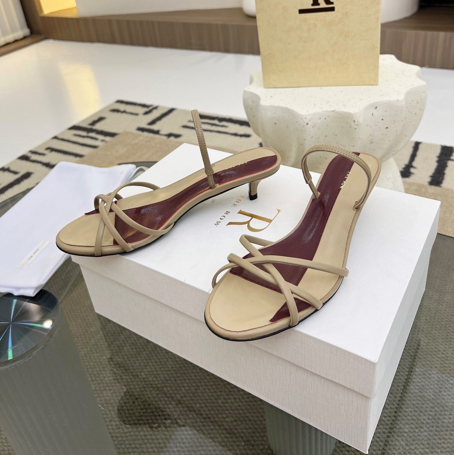 The Row 26s Strappy Sandals Beige Burgundy Lambskin 997832