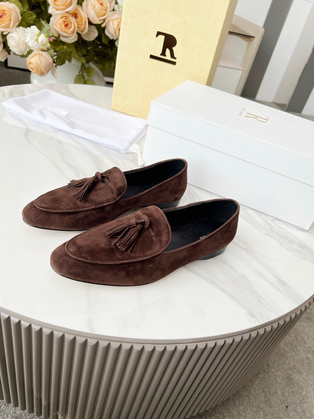 The Row 26s Tassel Loafer Flat Dark Brown Suede 146475