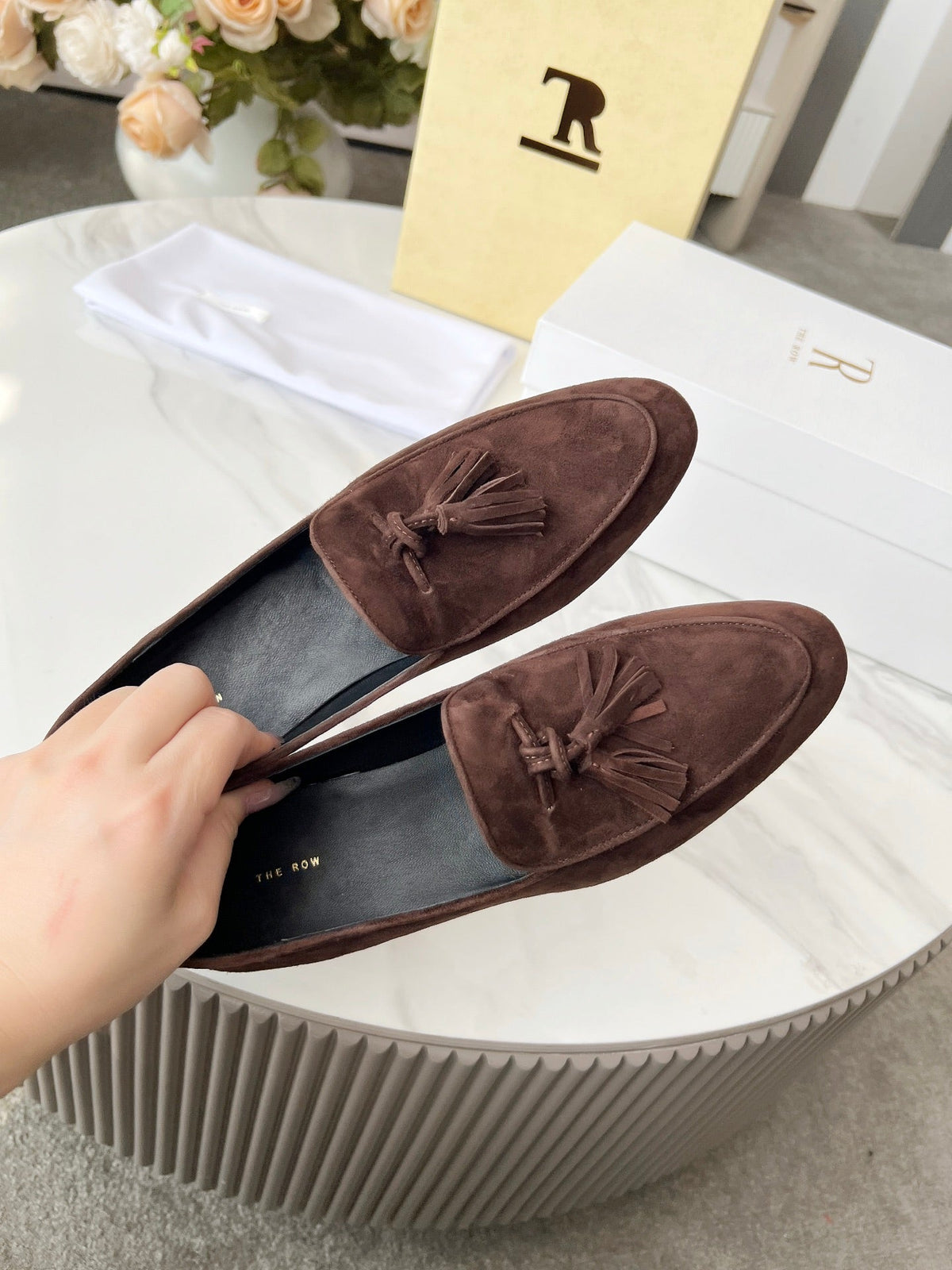The Row 26s Tassel Loafer Flat Dark Brown Suede 146475