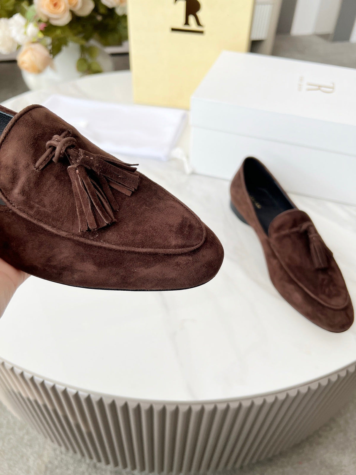 The Row 26s Tassel Loafer Flat Dark Brown Suede 146475