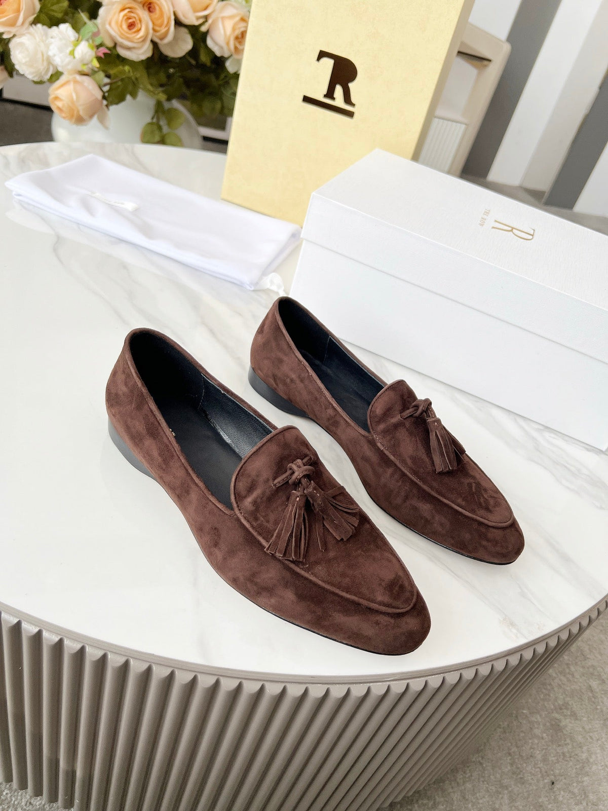 The Row 26s Tassel Loafer Flat Dark Brown Suede 146475