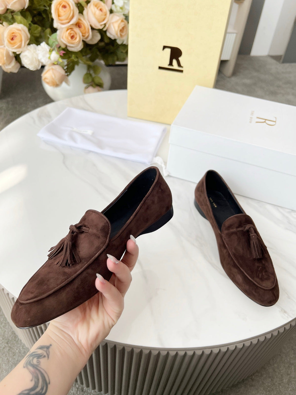 The Row 26s Tassel Loafer Flat Dark Brown Suede 146475