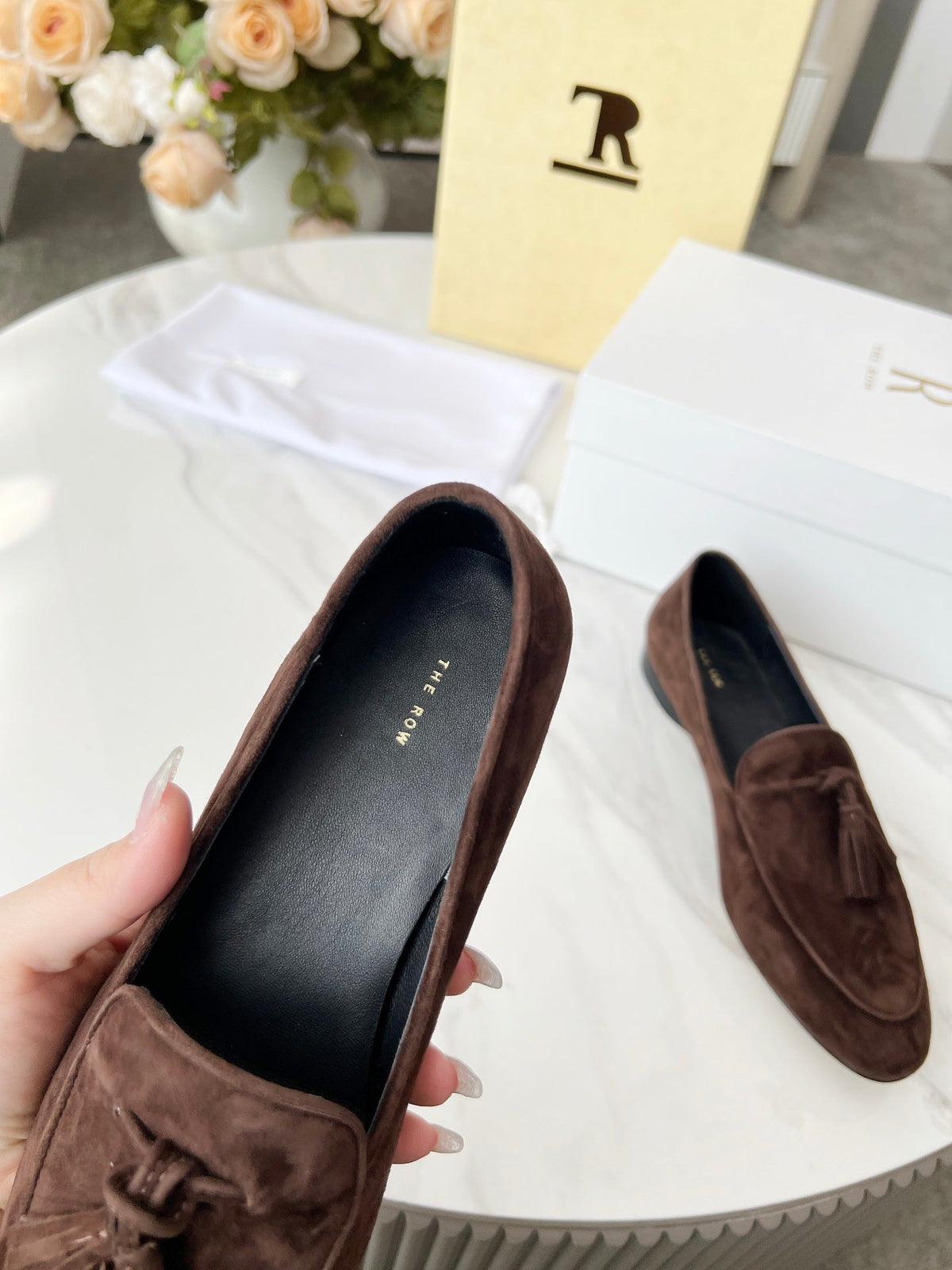 The Row 26s Tassel Loafer Flat Dark Brown Suede 146475
