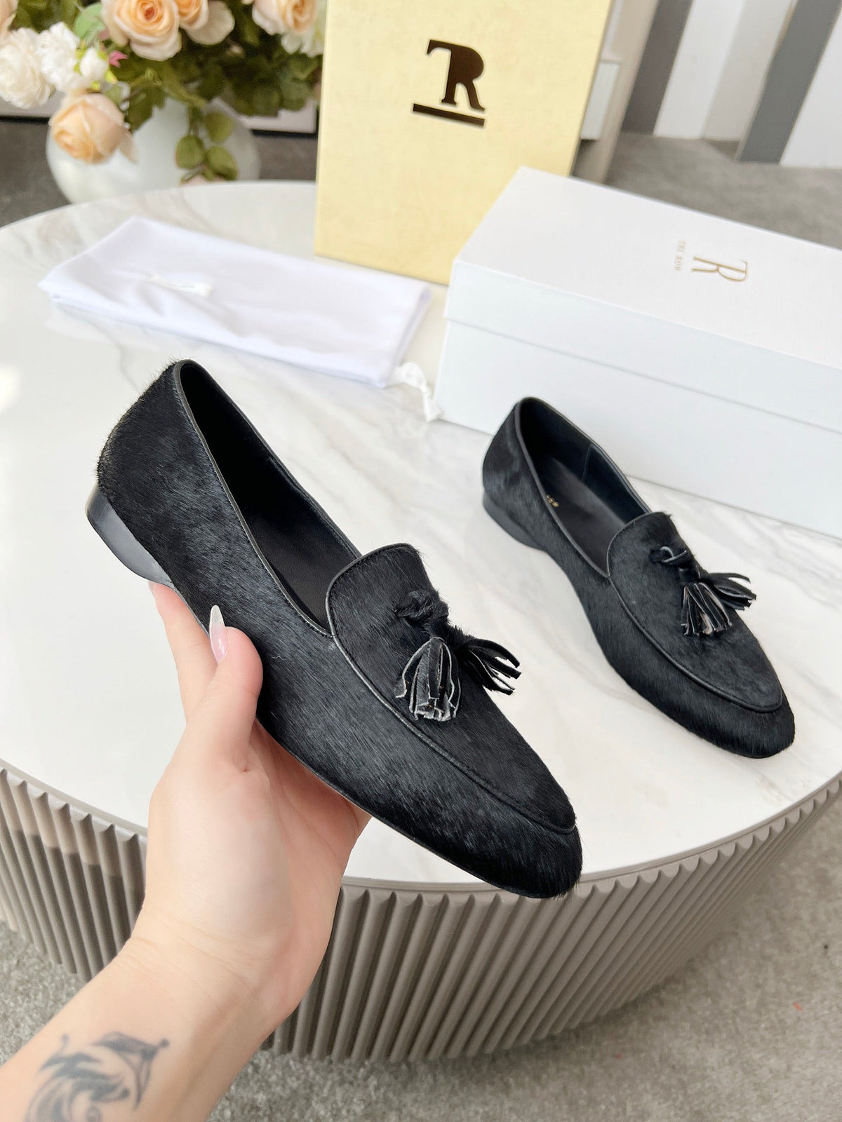 The Row 26s Tassel Loafer Flat Black Pony Hair 146474