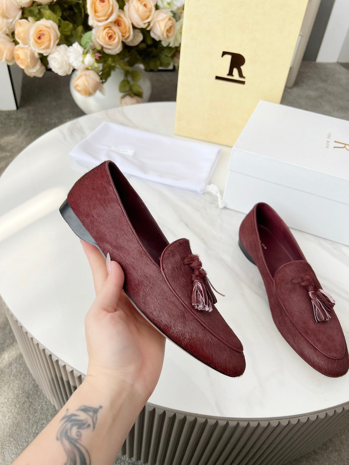 The Row 26s Tassel Loafer Flat Burgundy Pony Hair 146476