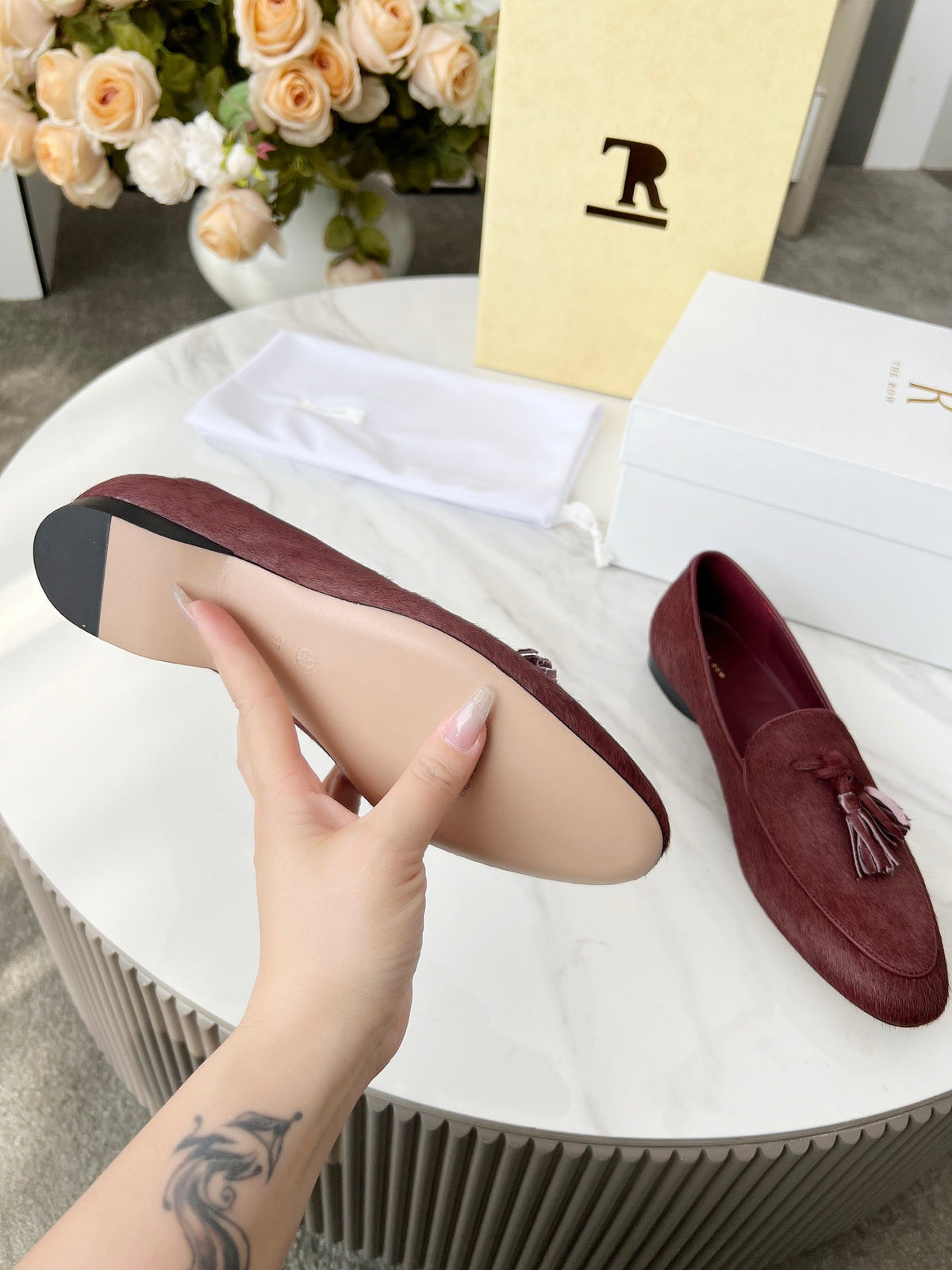 The Row 26s Tassel Loafer Flat Burgundy Pony Hair 146476