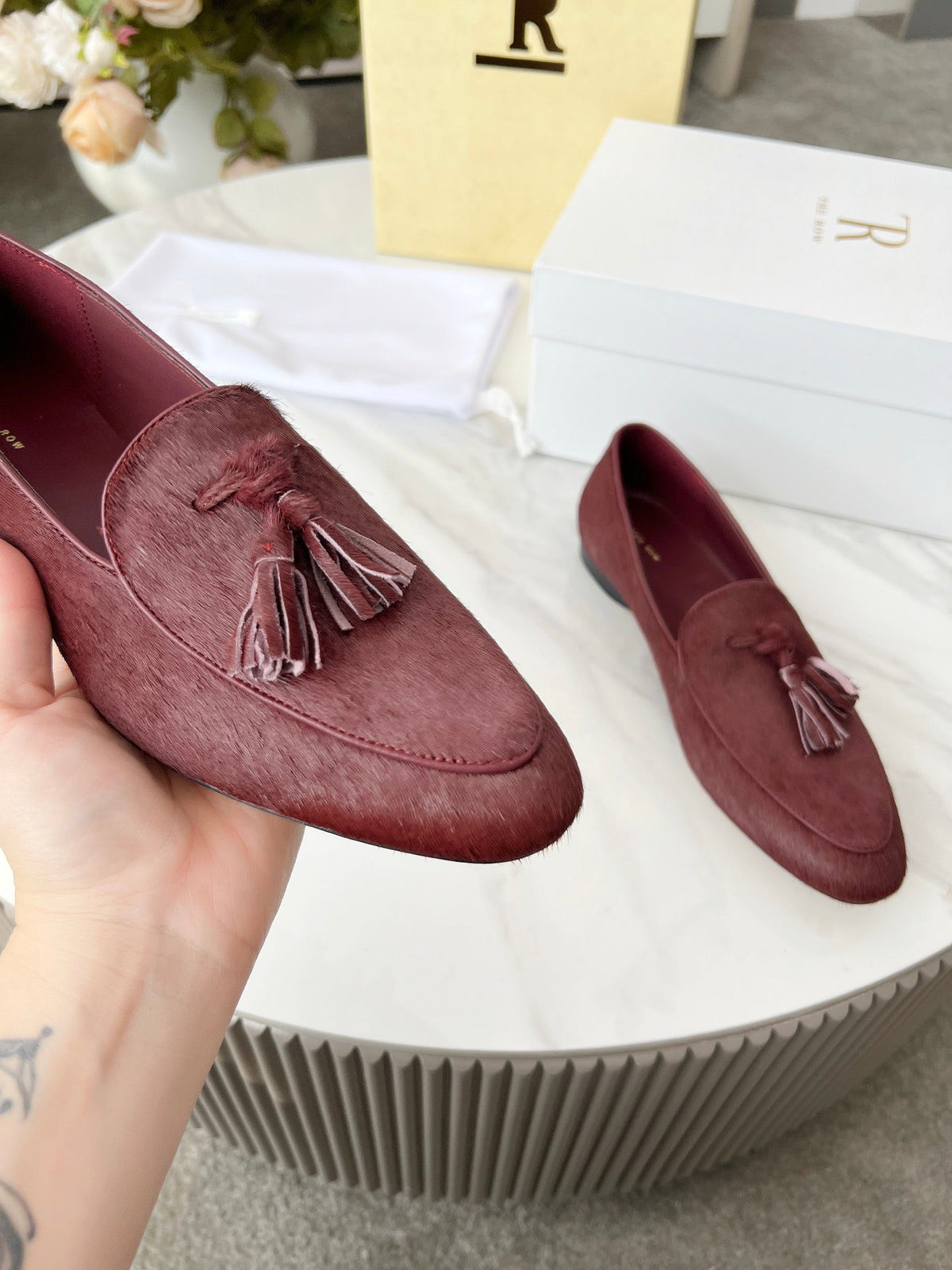 The Row 26s Tassel Loafer Flat Burgundy Pony Hair 146476