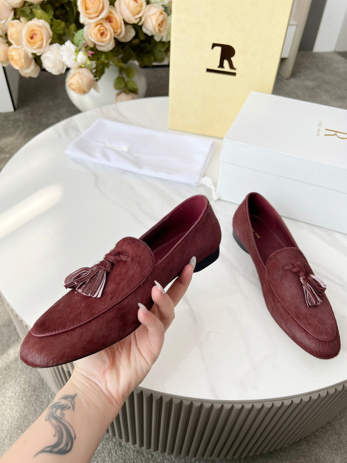 The Row 26s Tassel Loafer Flat Burgundy Pony Hair 146476