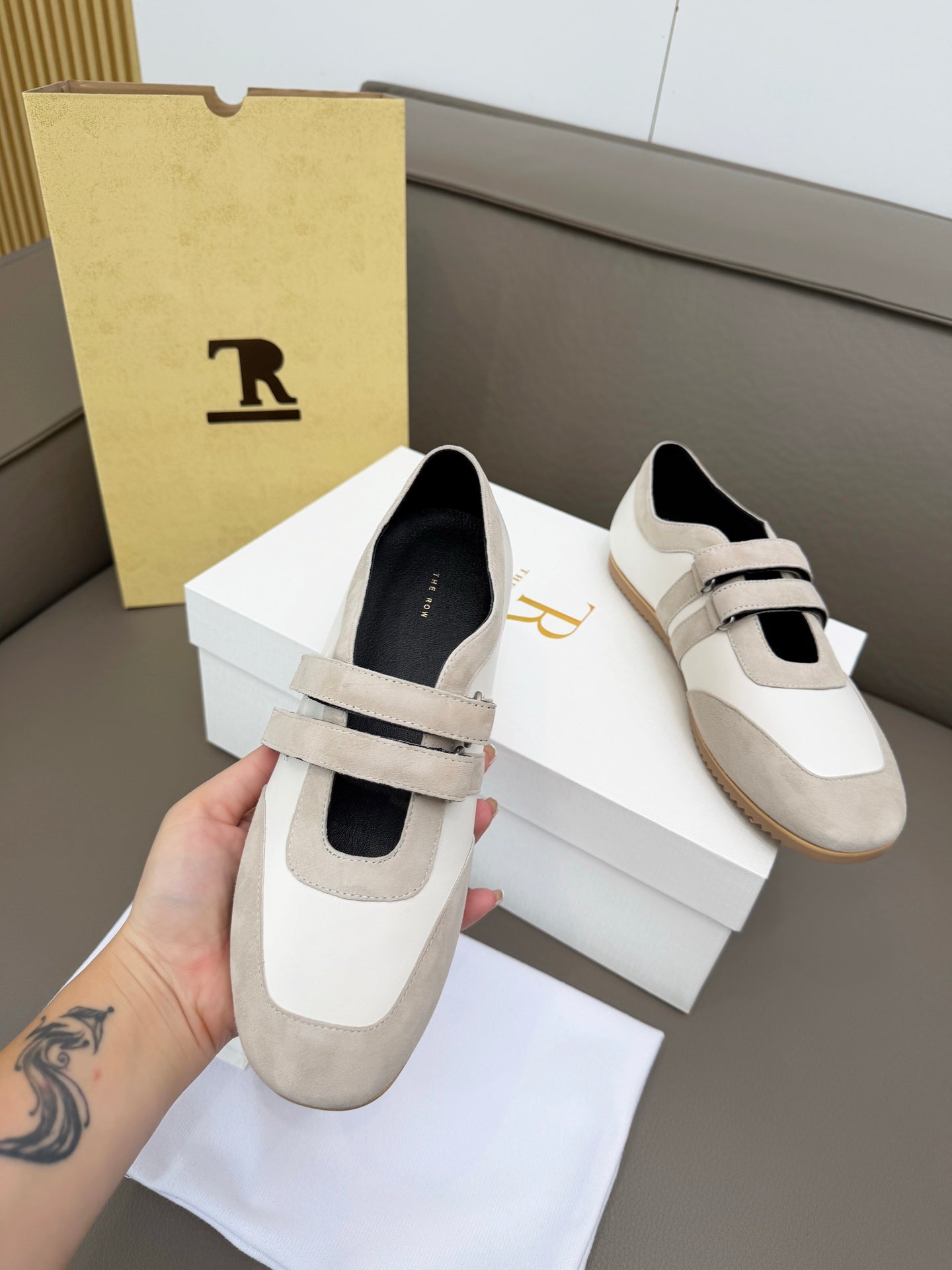 The Row Adjustable Strap Sneakers Light Grey Suede 832657
