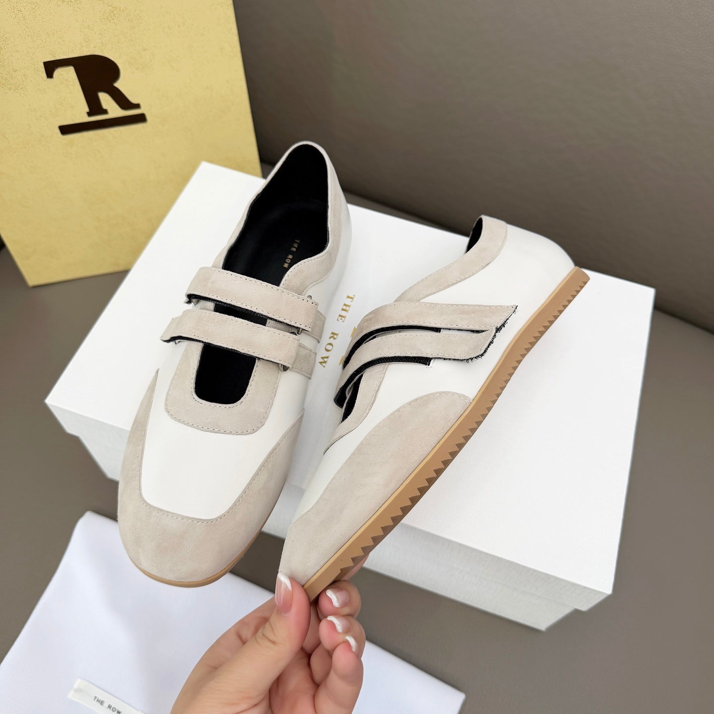 The Row Adjustable Strap Sneakers Light Grey Suede 832657