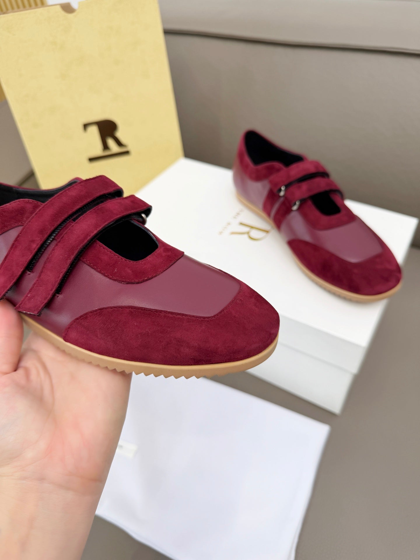 The Row Adjustable Strap Sneakers Burgundy Suede 832656