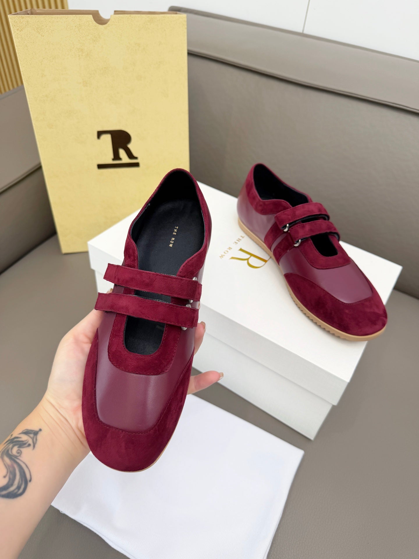 The Row Adjustable Strap Sneakers Burgundy Suede 832656