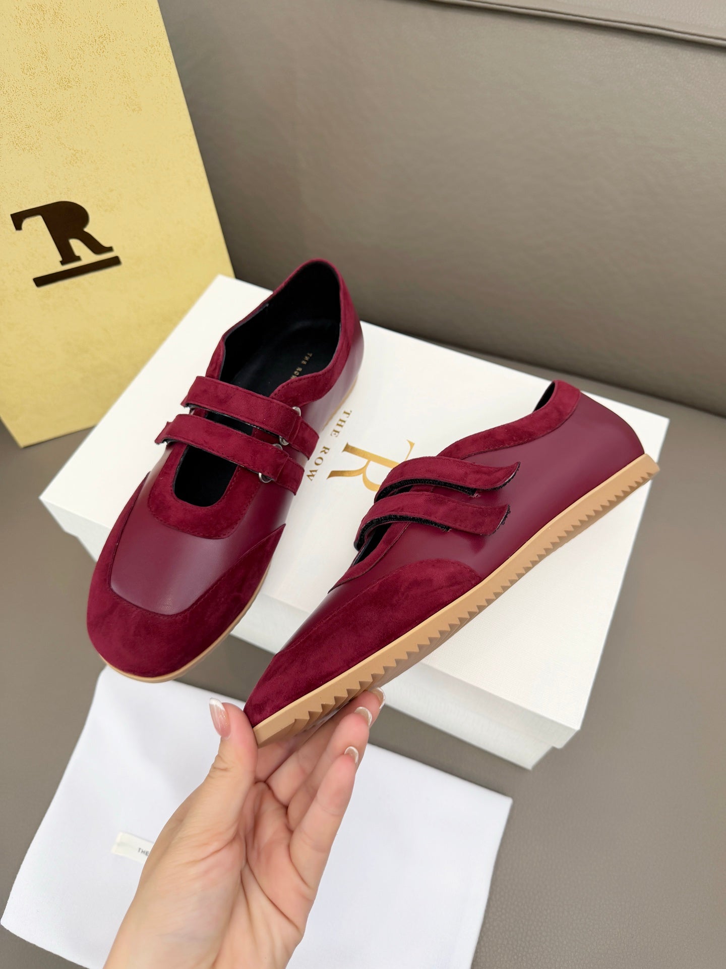 The Row Adjustable Strap Sneakers Burgundy Suede 832656