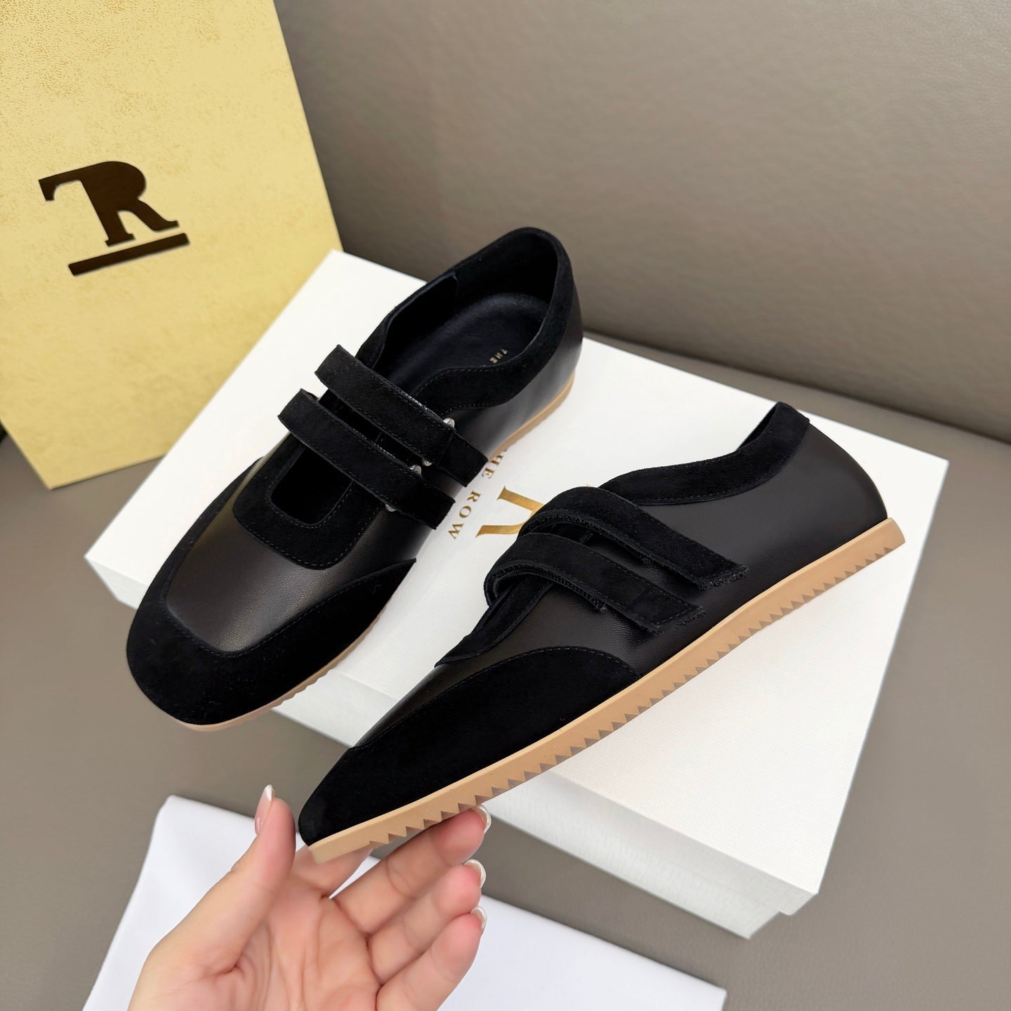 The Row Adjustable Strap Sneakers Black Suede 832655