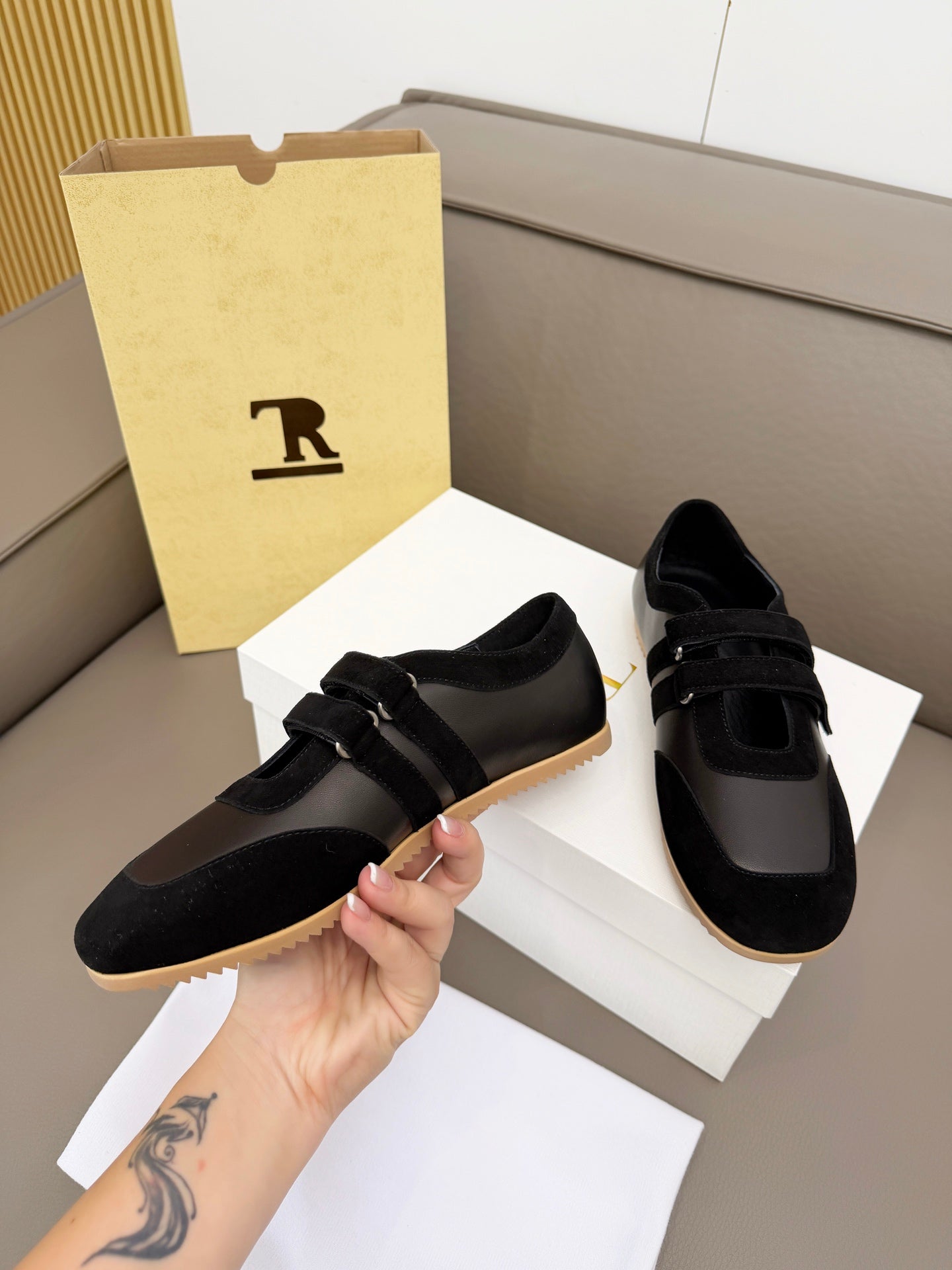 The Row Adjustable Strap Sneakers Black Suede 832655