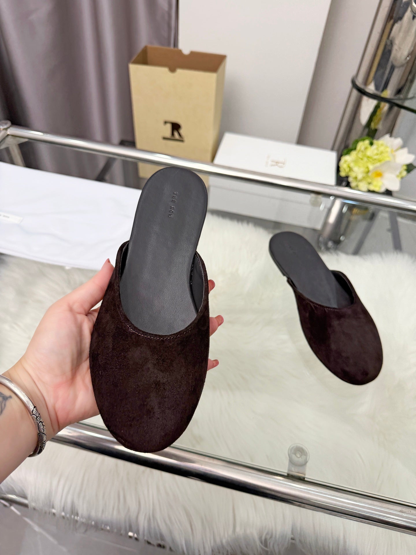 The Row Sleeper Two Slippers Coffee Suede 707570