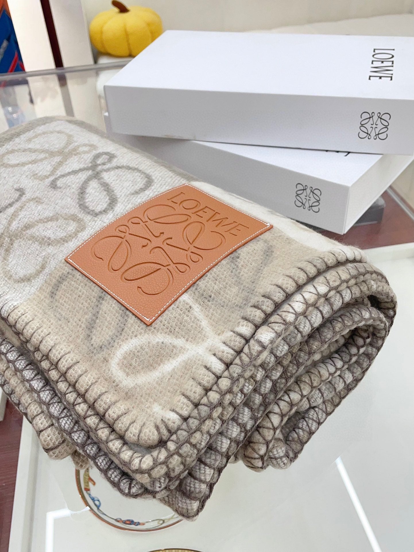 Loewe Checkerboard Blanket Grey Taupe Cream Wool Cashmere