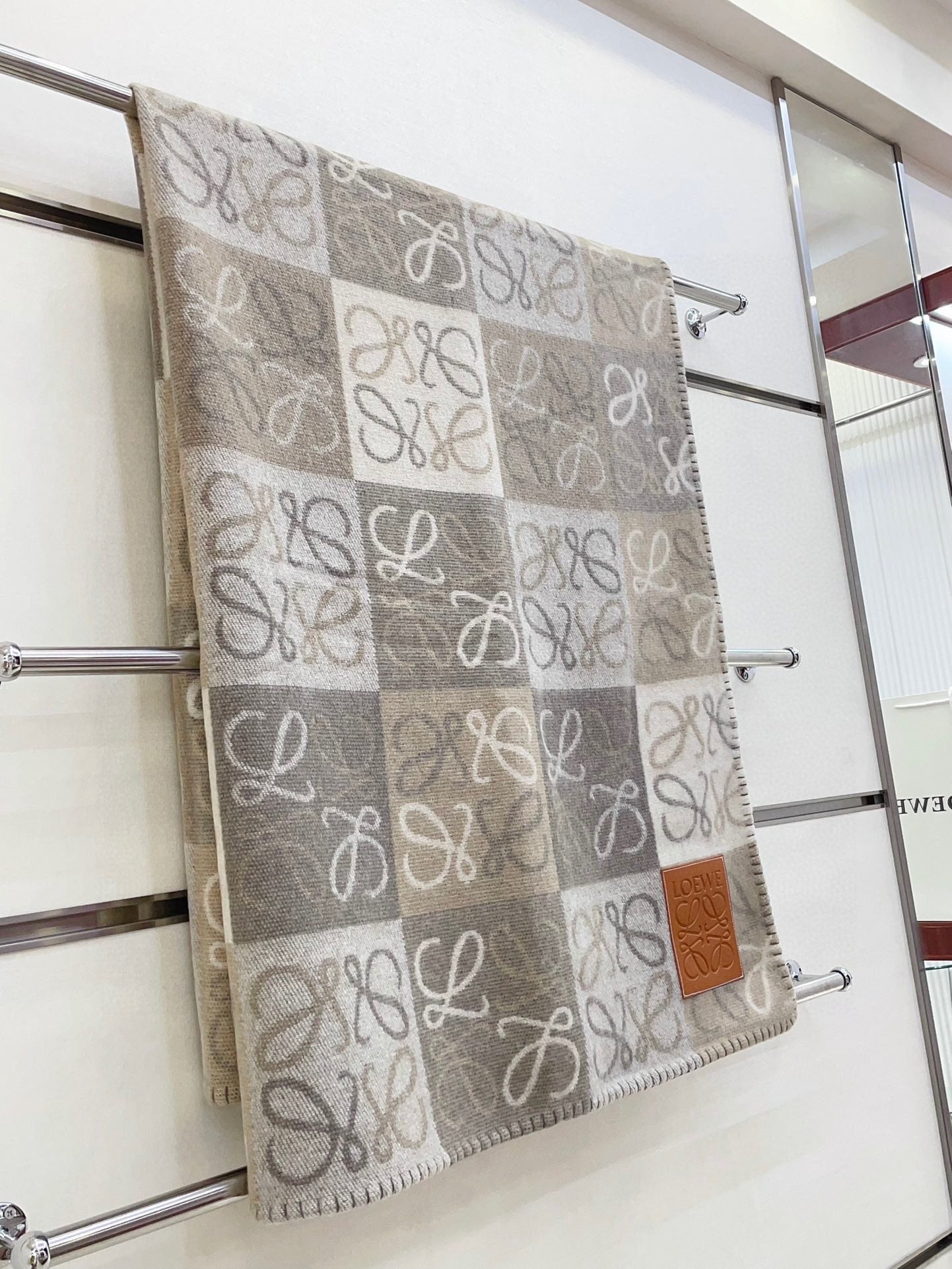 Loewe Checkerboard Blanket Grey Taupe Cream Wool Cashmere