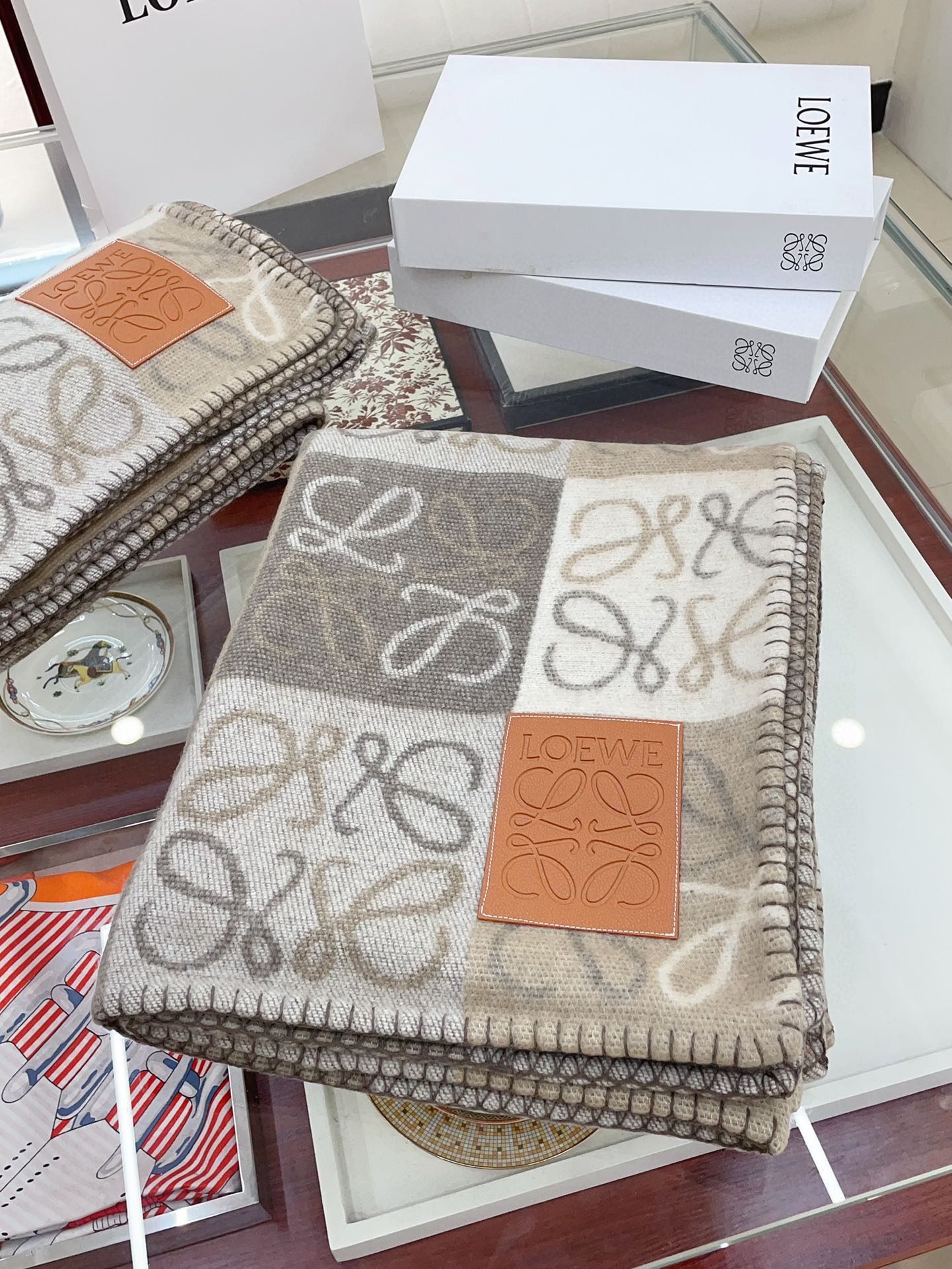 Loewe Checkerboard Blanket Grey Taupe Cream Wool Cashmere