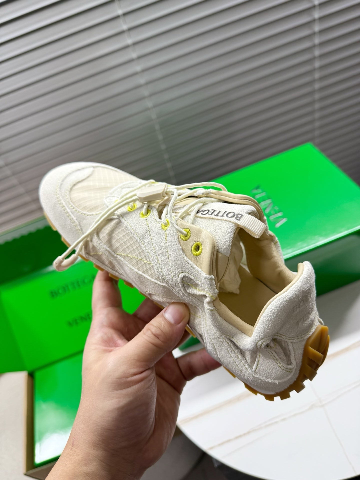 BV Orbit Flash Sneaker Off White Suede & Nylon Lace-Up 609404