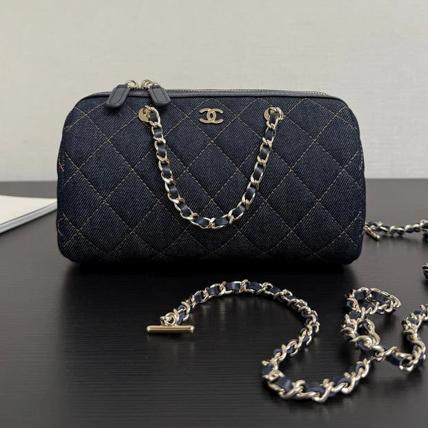 Chanel 2026 Bowling Bag 18.5cm Blue Denim Leather