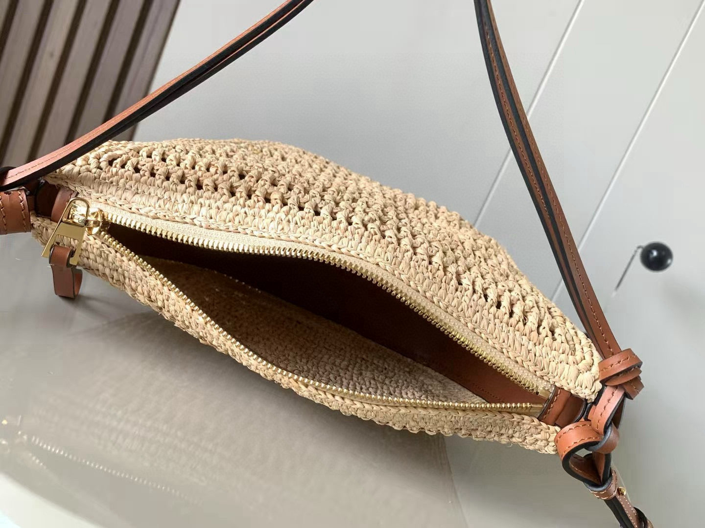 Loewe Ibiza Mini Hammock Hobo Bag Brown Beige Raffia Leather 289314