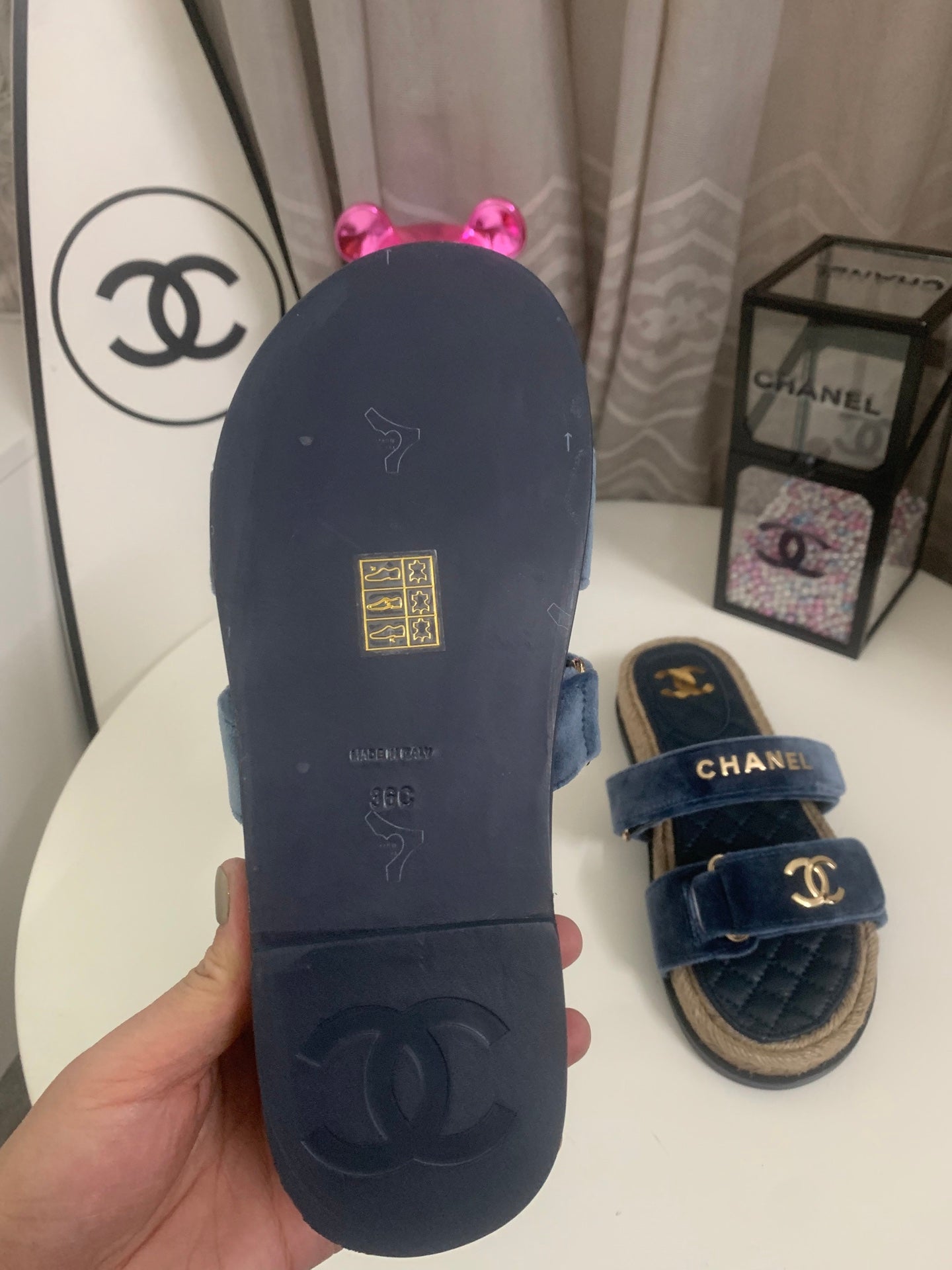 CC 26s Hemp Rope Platform Sandals Navy Blue Quited Sheepskin Velvet 862301