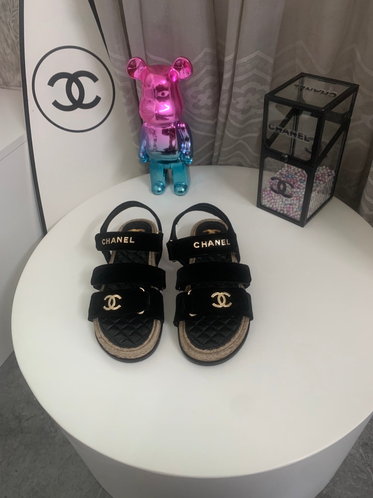 CC 26s Strappy Sandals In Black Velvet With Rope Sole Gold Hardware