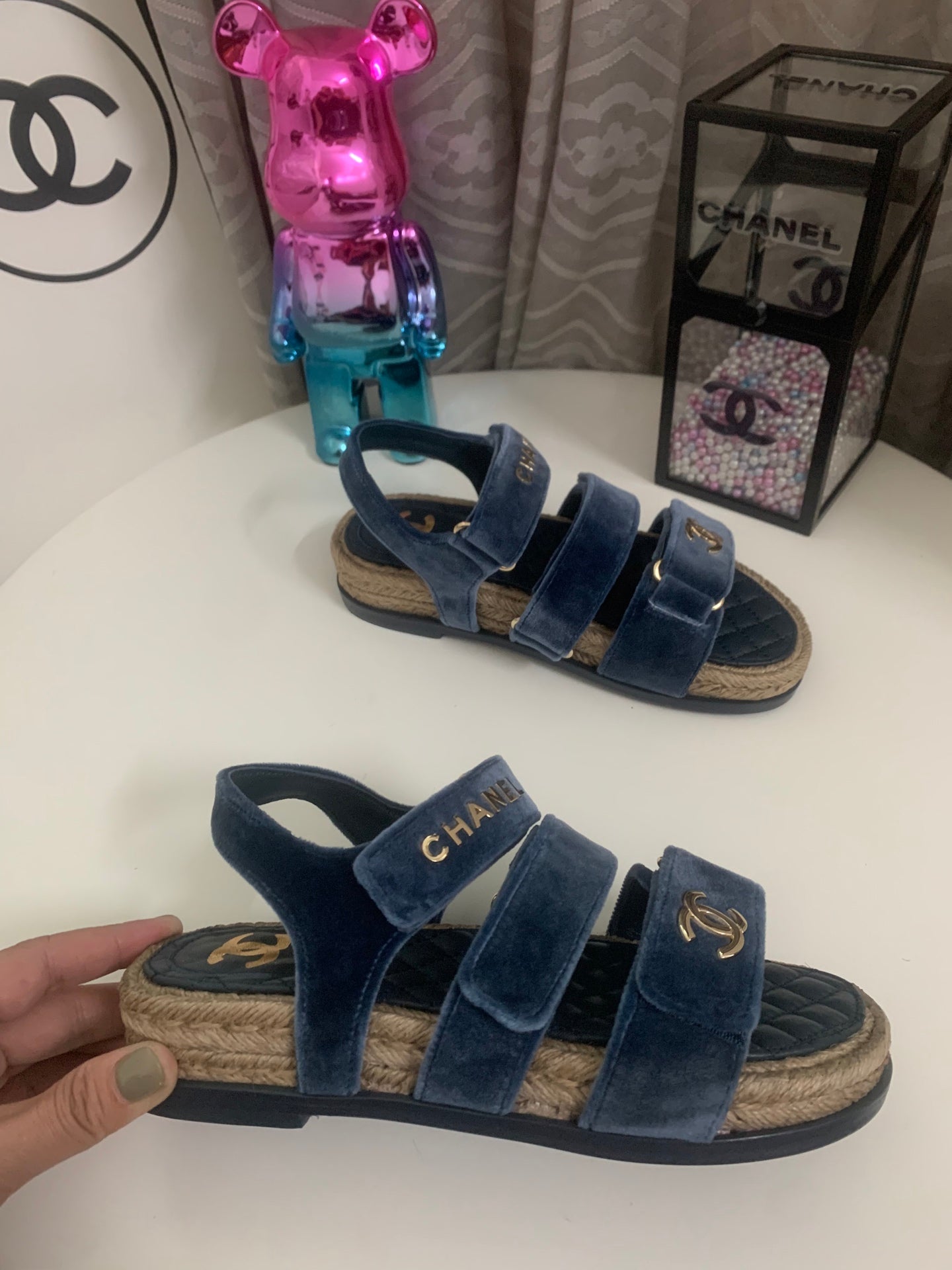 CC 26s Strappy Sandals In Navy Blue Velvet With Rope Sole Gold Hardware