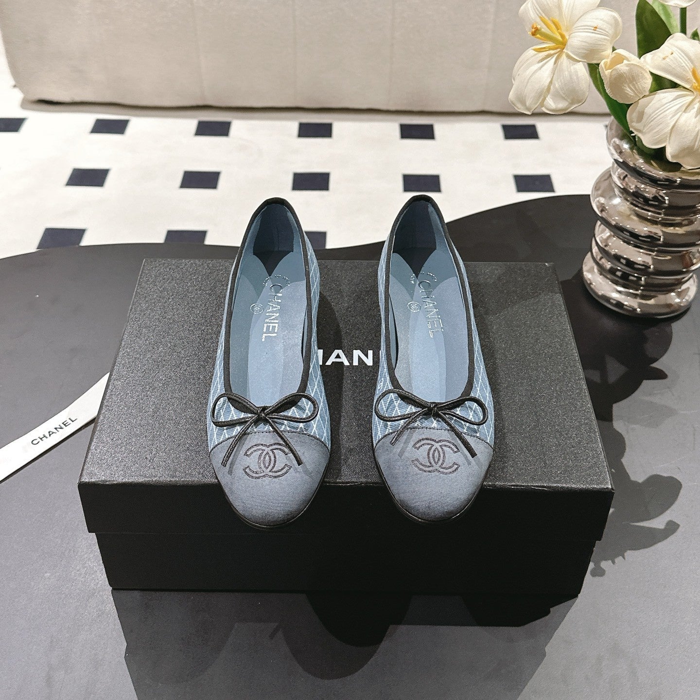 cc 25c ballet flat cross line pattern blue denim 237479