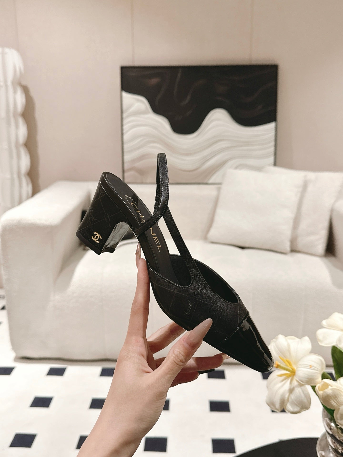 cc 25c slingback 55mm cross line pattern black lambskin 237494
