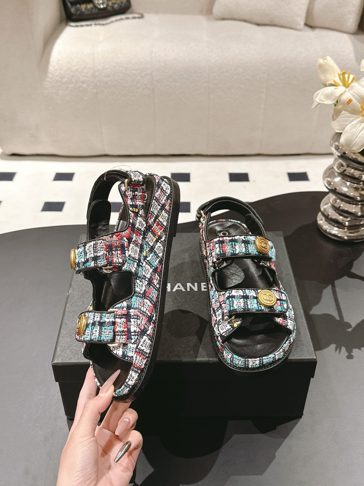 cc 25p dad sandal black colorful tweed 237566