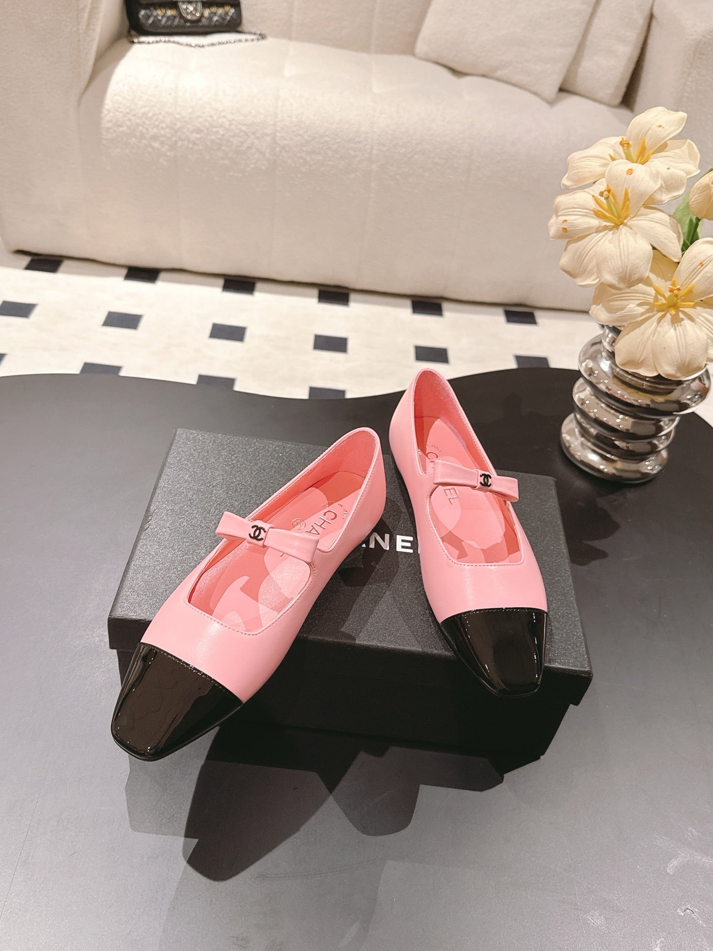 CC 25B Small Bow Buckle Ballet Flats 10mm Black Pink Sheepskin Patent Leather 415746