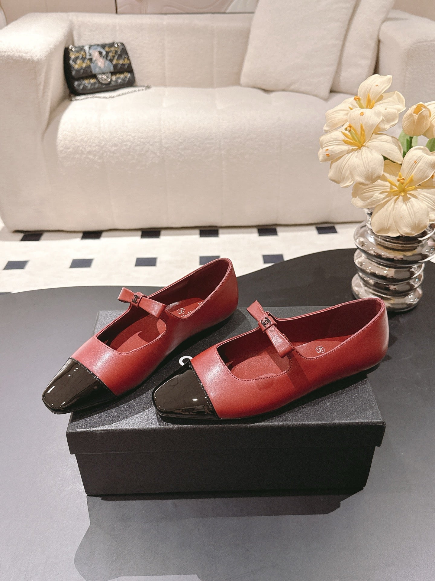 CC 25B Small Bow Buckle Ballet Flats 10mm Black Red Sheepskin Patent Leather 415748