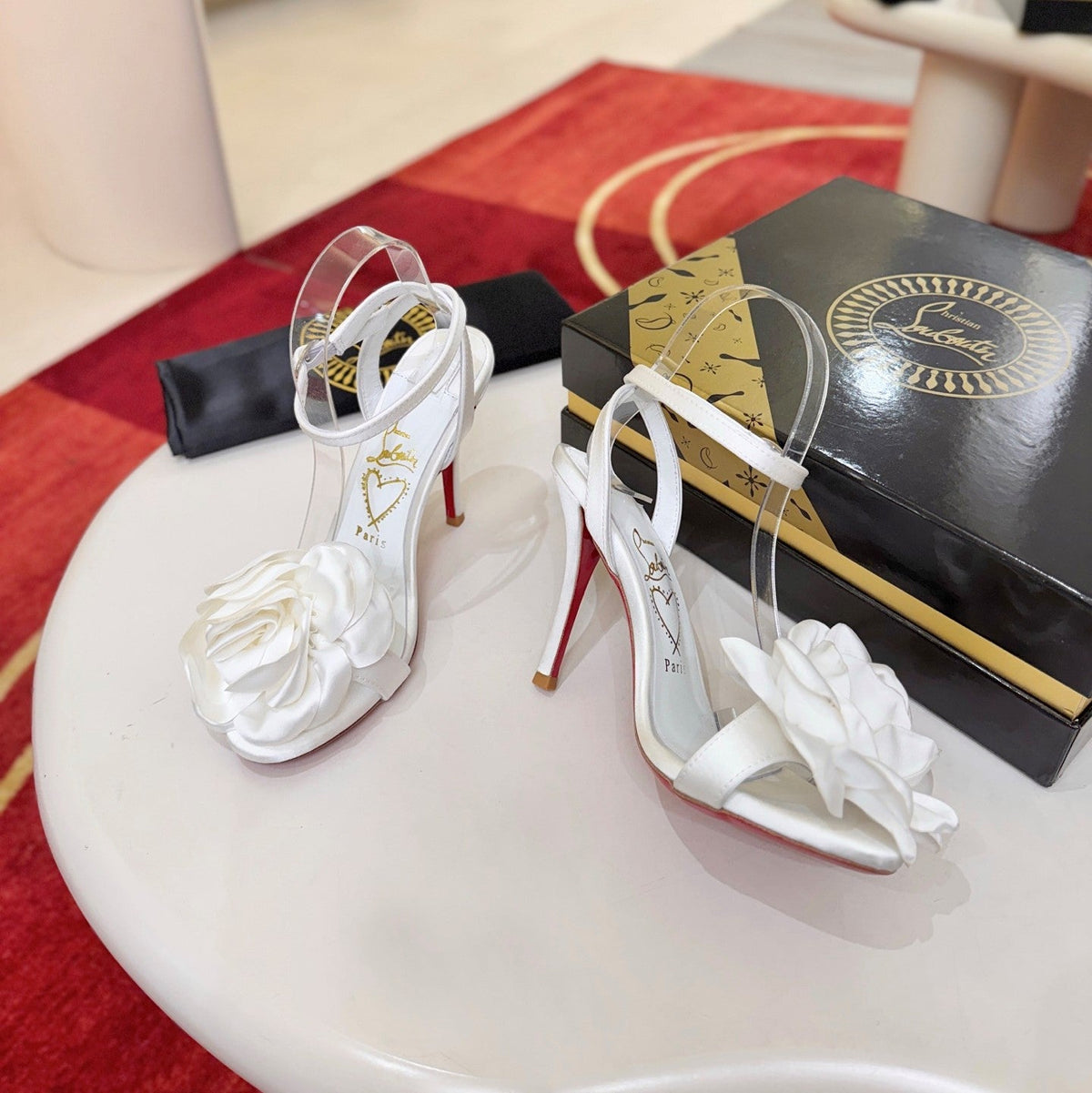 Christian Louboutin 2026 Sandals Miss Z Flora 100 Bianco Crepe Satin