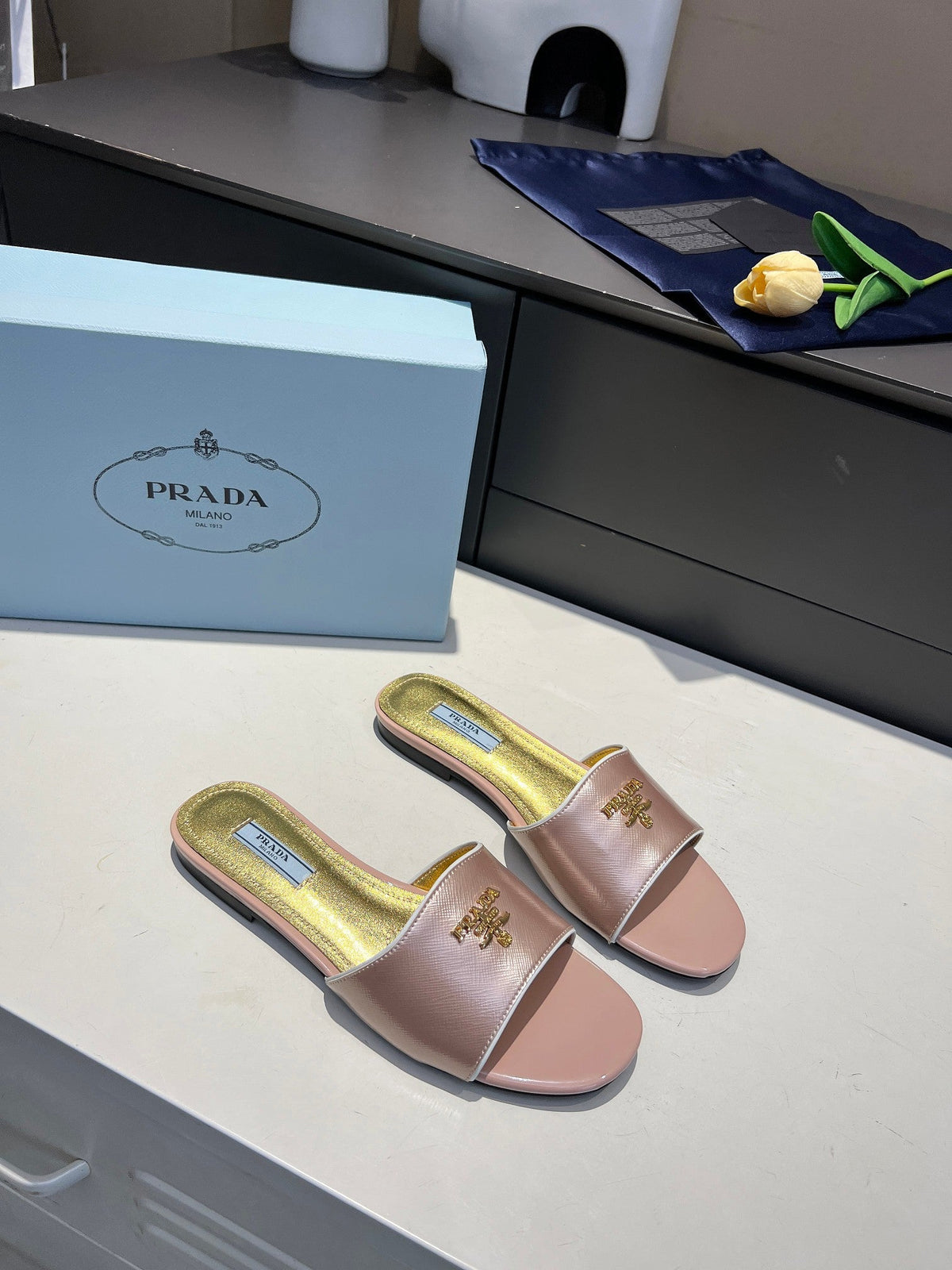 Prada 26s Slide Sandals Metallic Pink Saffiano 140510