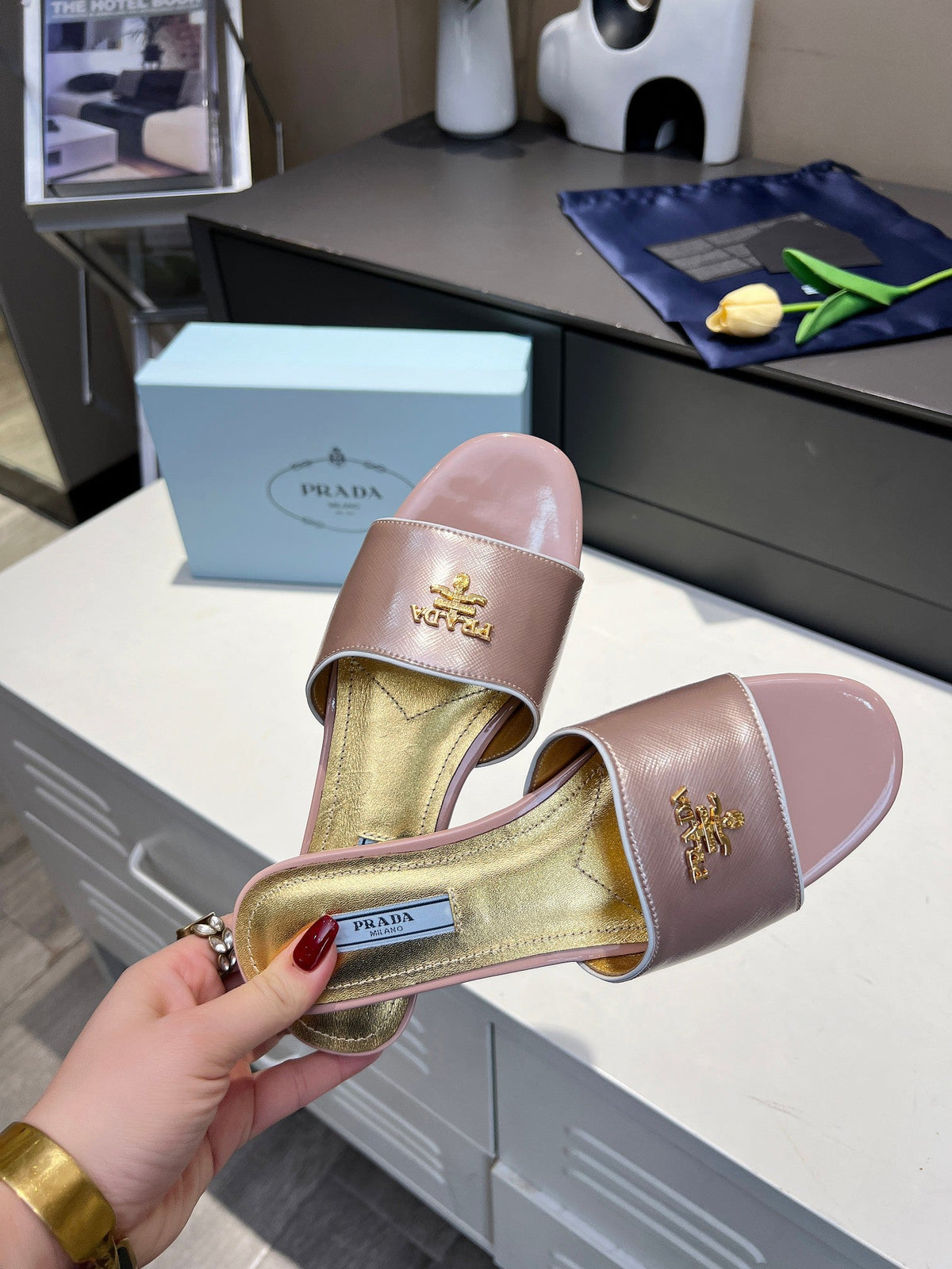Prada 26s Slide Sandals Metallic Pink Saffiano 140510