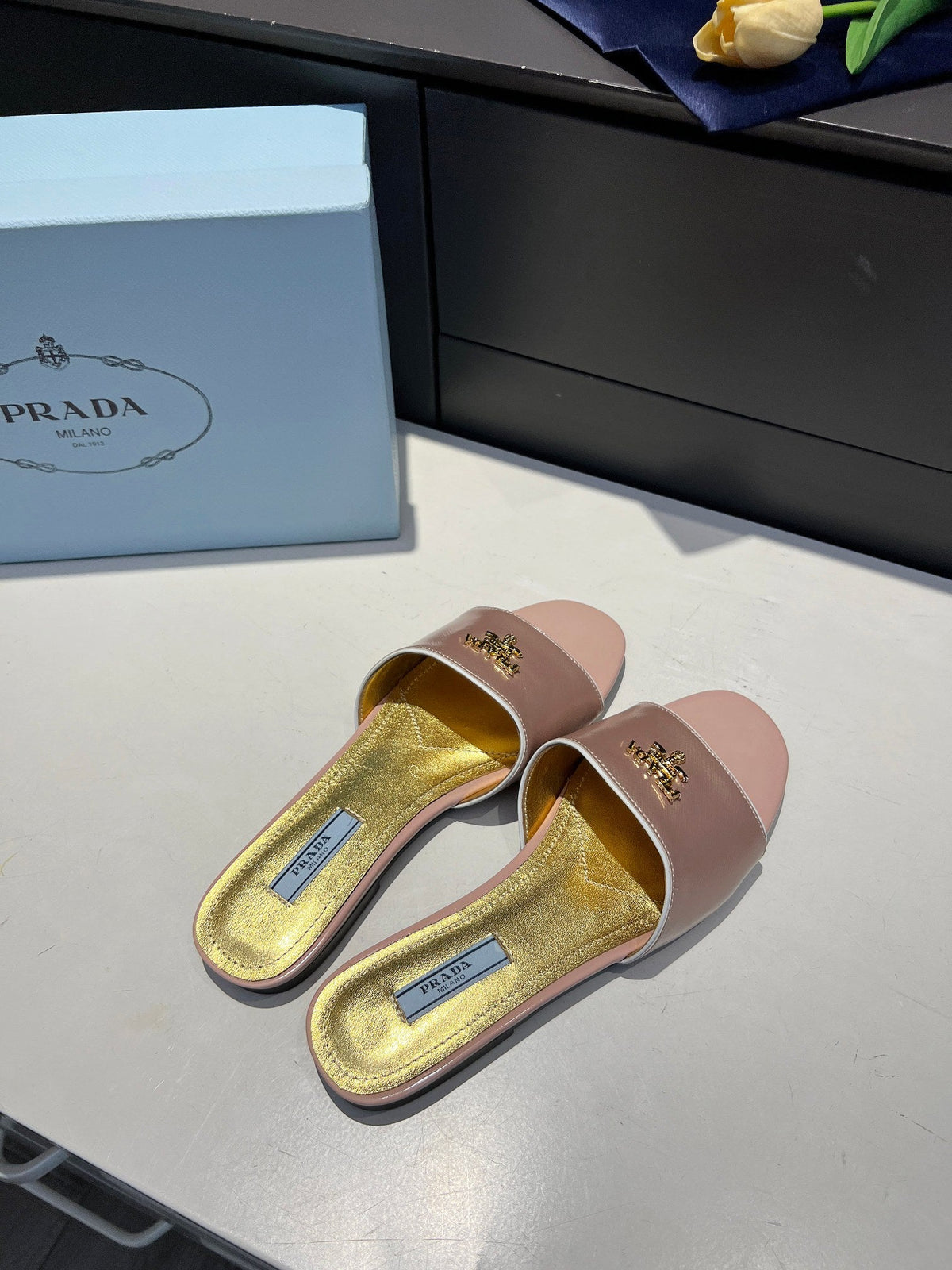 Prada 26s Slide Sandals Metallic Pink Saffiano 140510