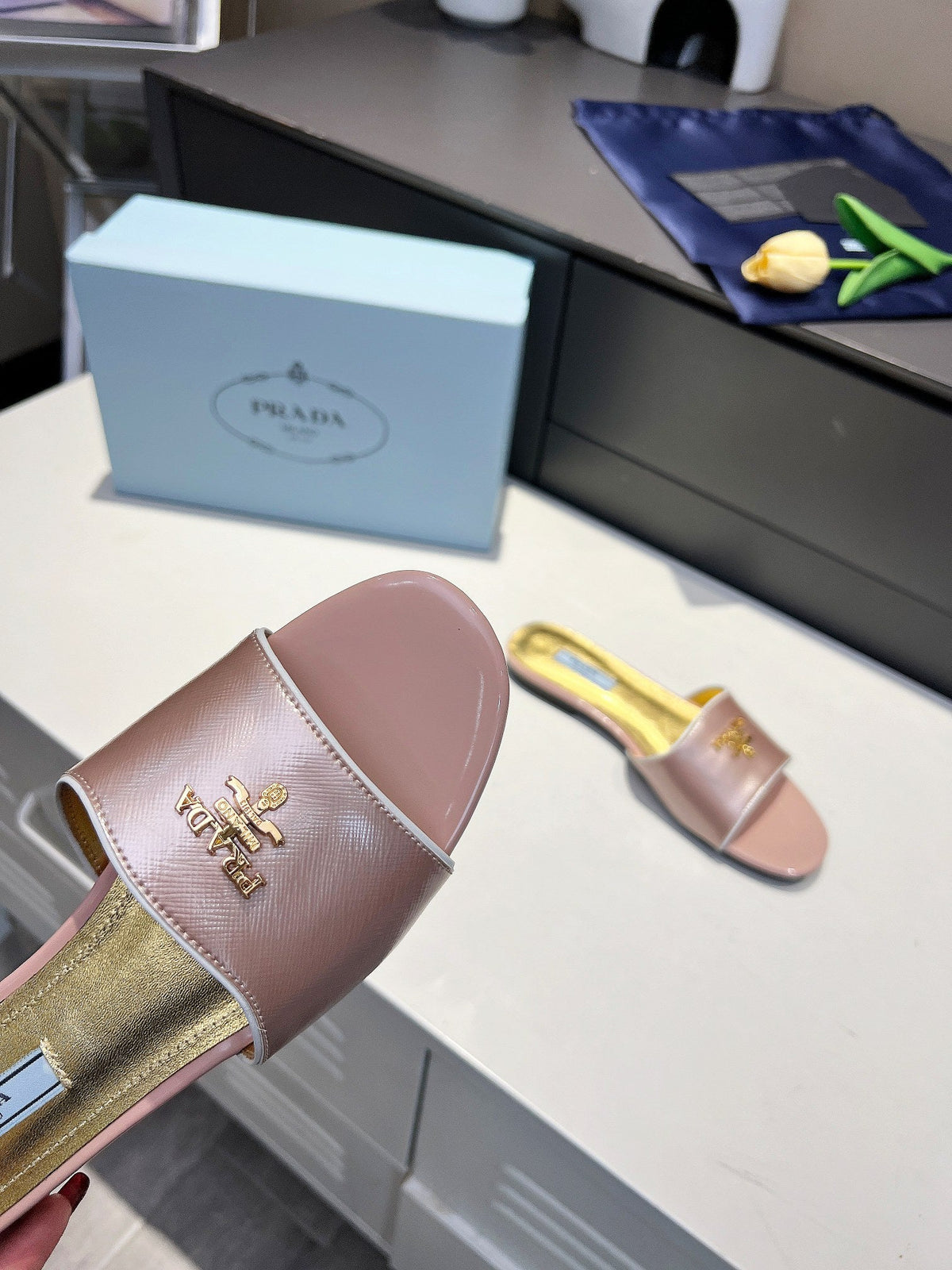 Prada 26s Slide Sandals Metallic Pink Saffiano 140510