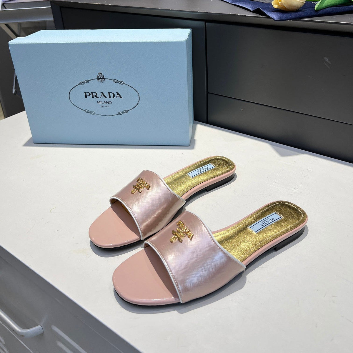 Prada 26s Slide Sandals Metallic Pink Saffiano 140510