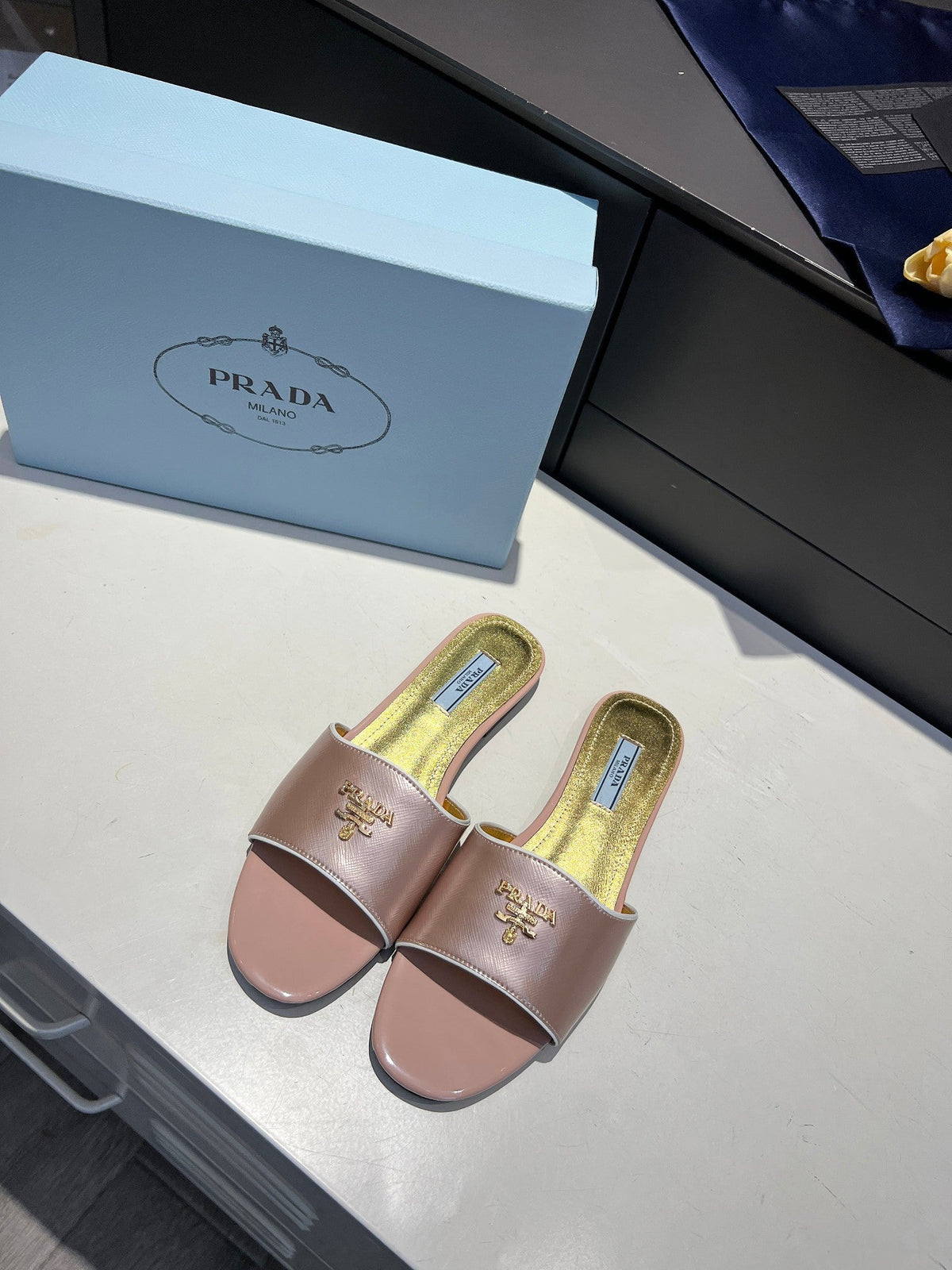 Prada 26s Slide Sandals Metallic Pink Saffiano 140510