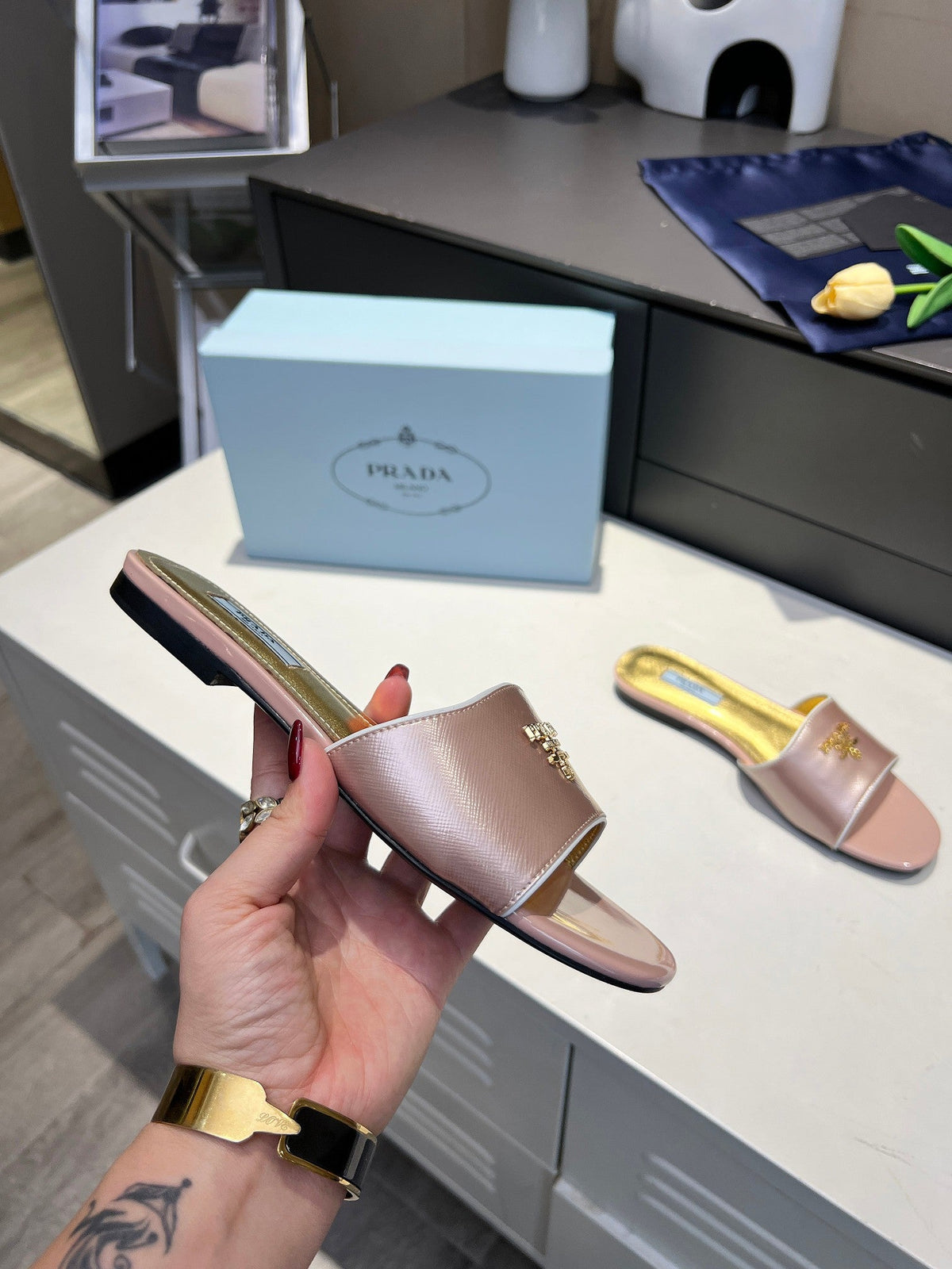 Prada 26s Slide Sandals Metallic Pink Saffiano 140510