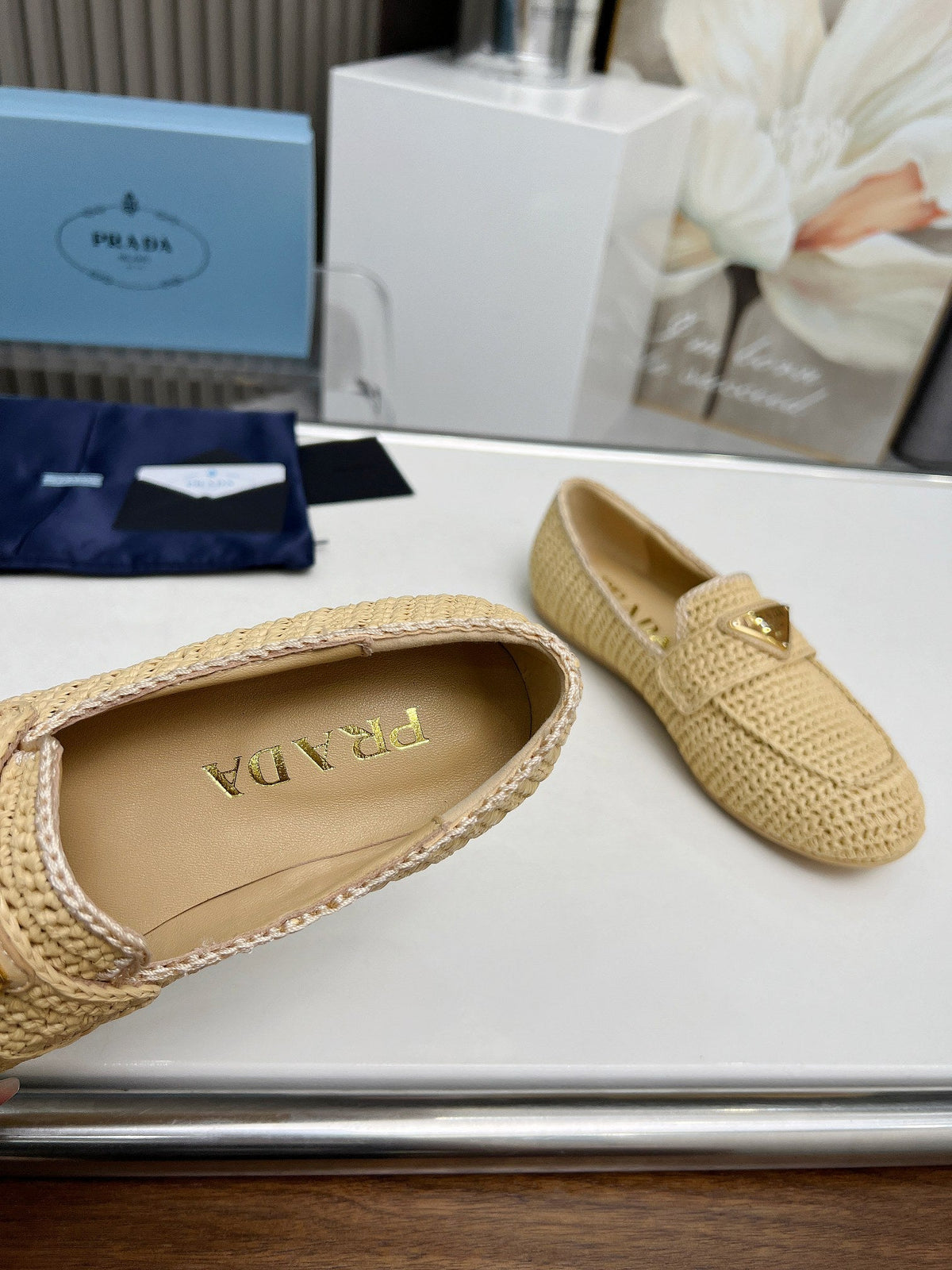 Prada 26s Crochet Loafers Beige Raffia 140630