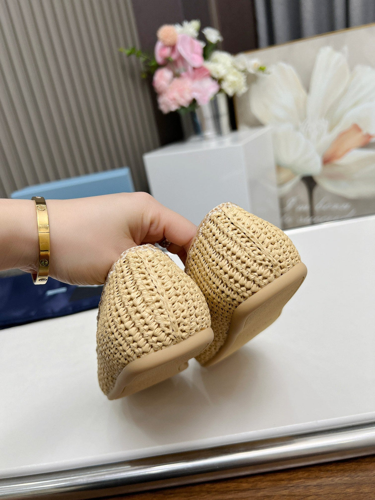 Prada 26s Crochet Loafers Beige Raffia 140630