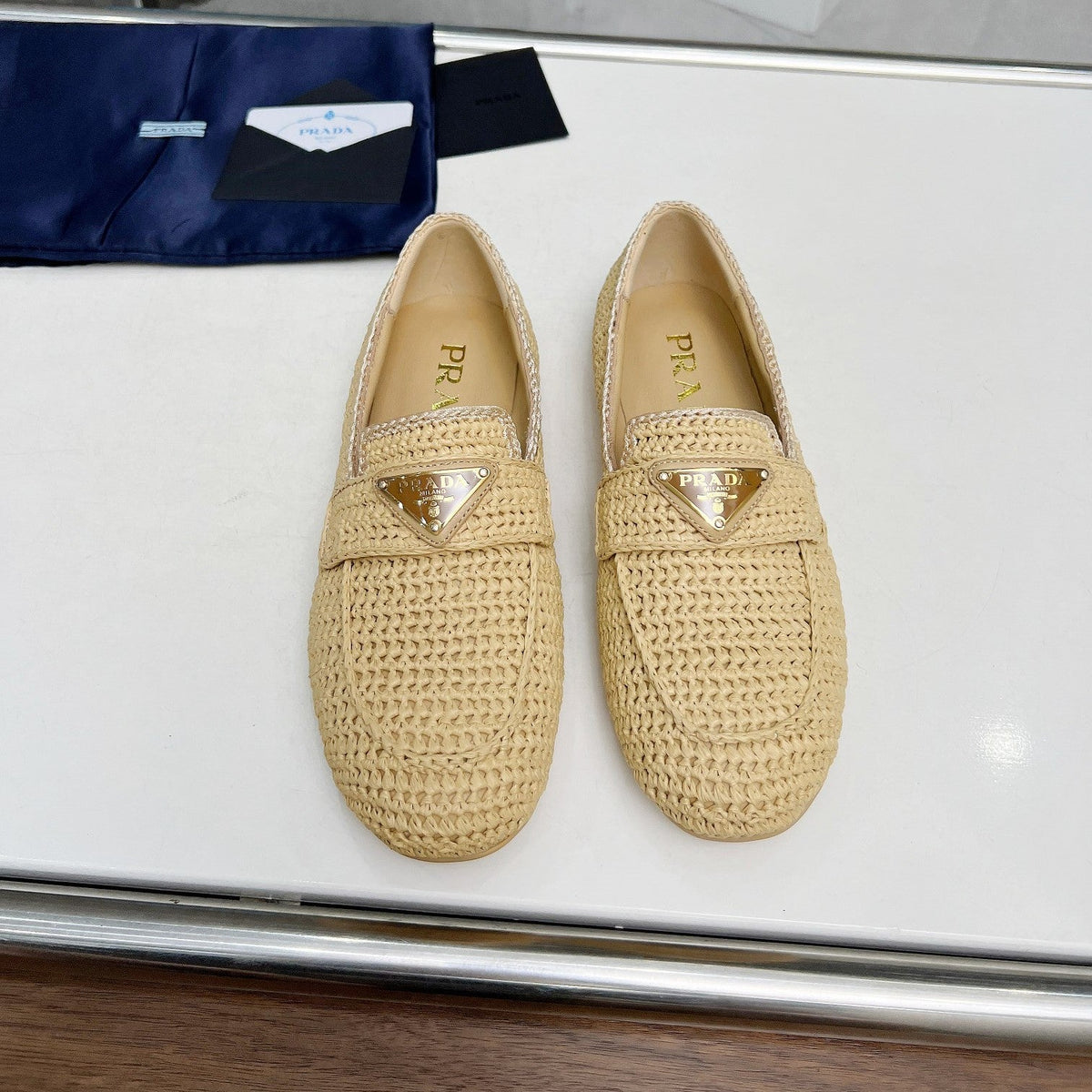 Prada 26s Crochet Loafers Beige Raffia 140630