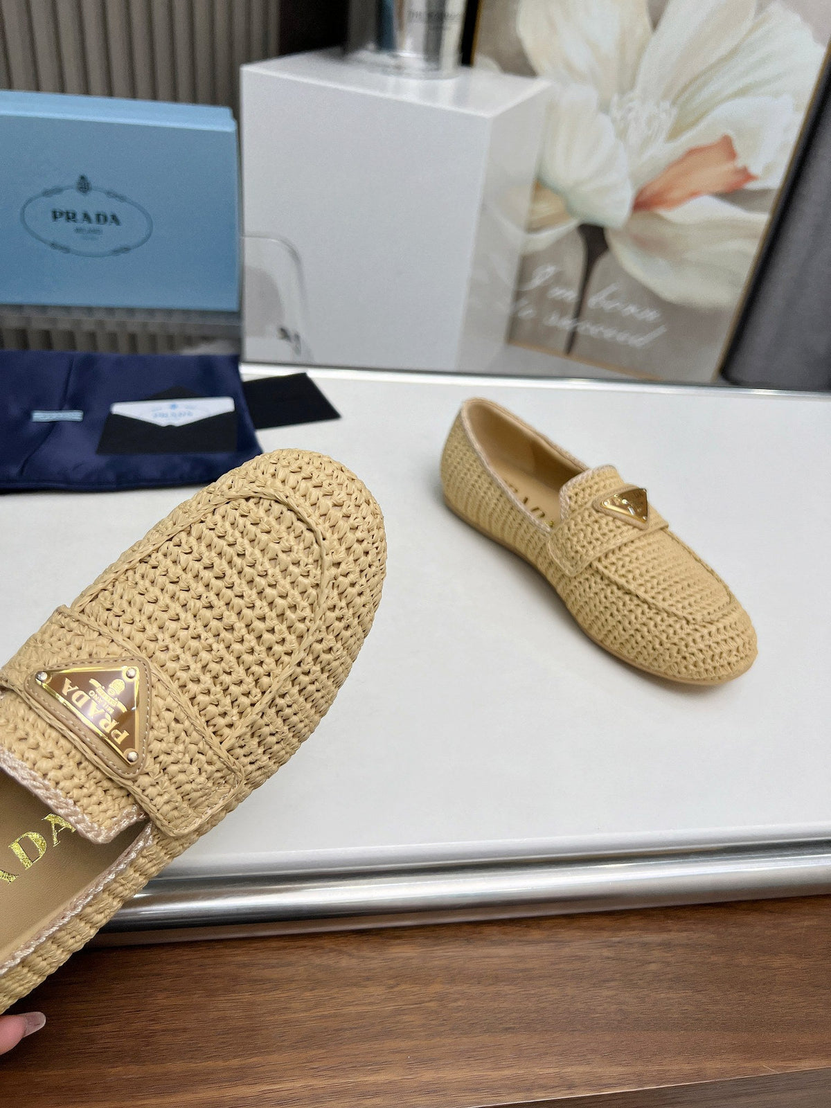 Prada 26s Crochet Loafers Beige Raffia 140630