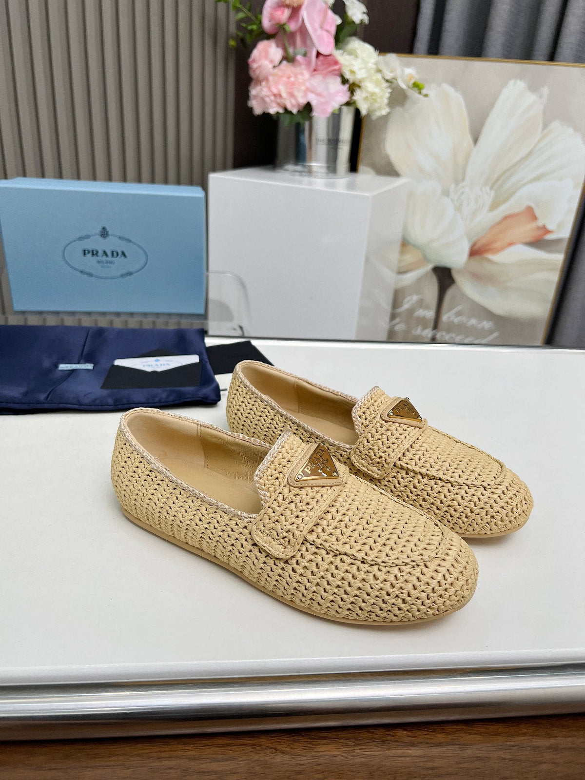 Prada 26s Crochet Loafers Beige Raffia 140630