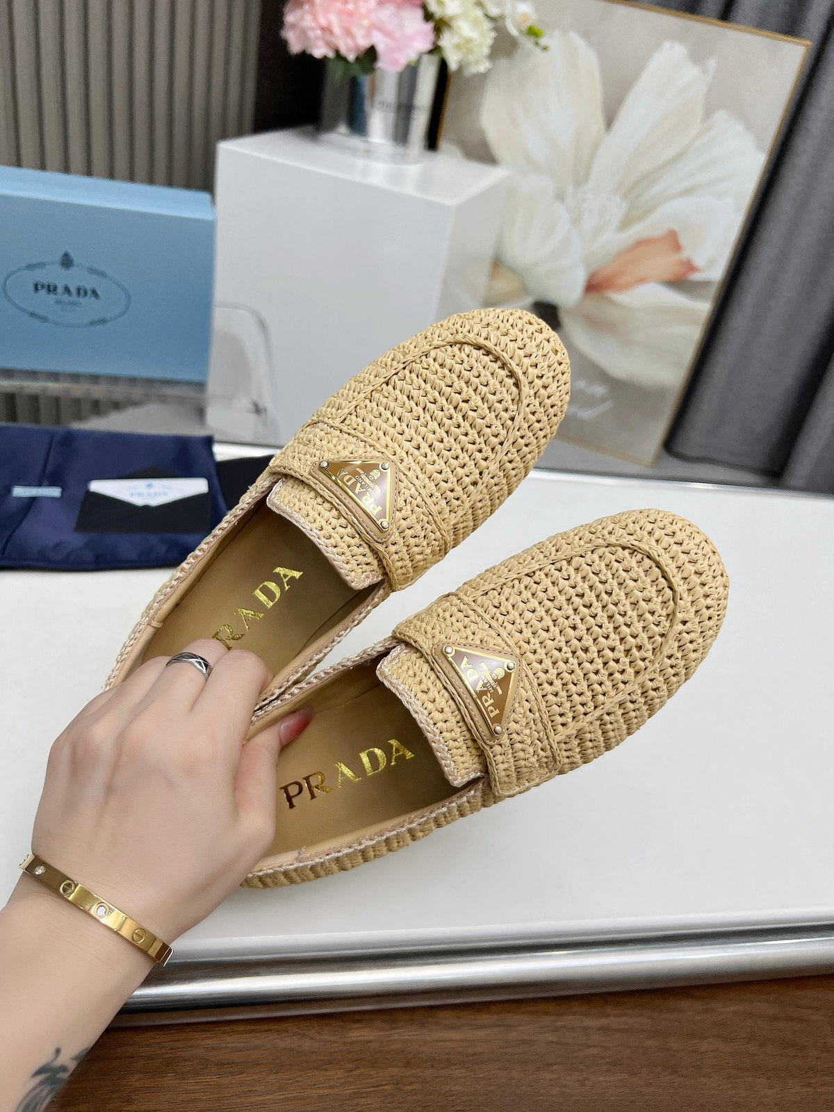Prada 26s Crochet Loafers Beige Raffia 140630